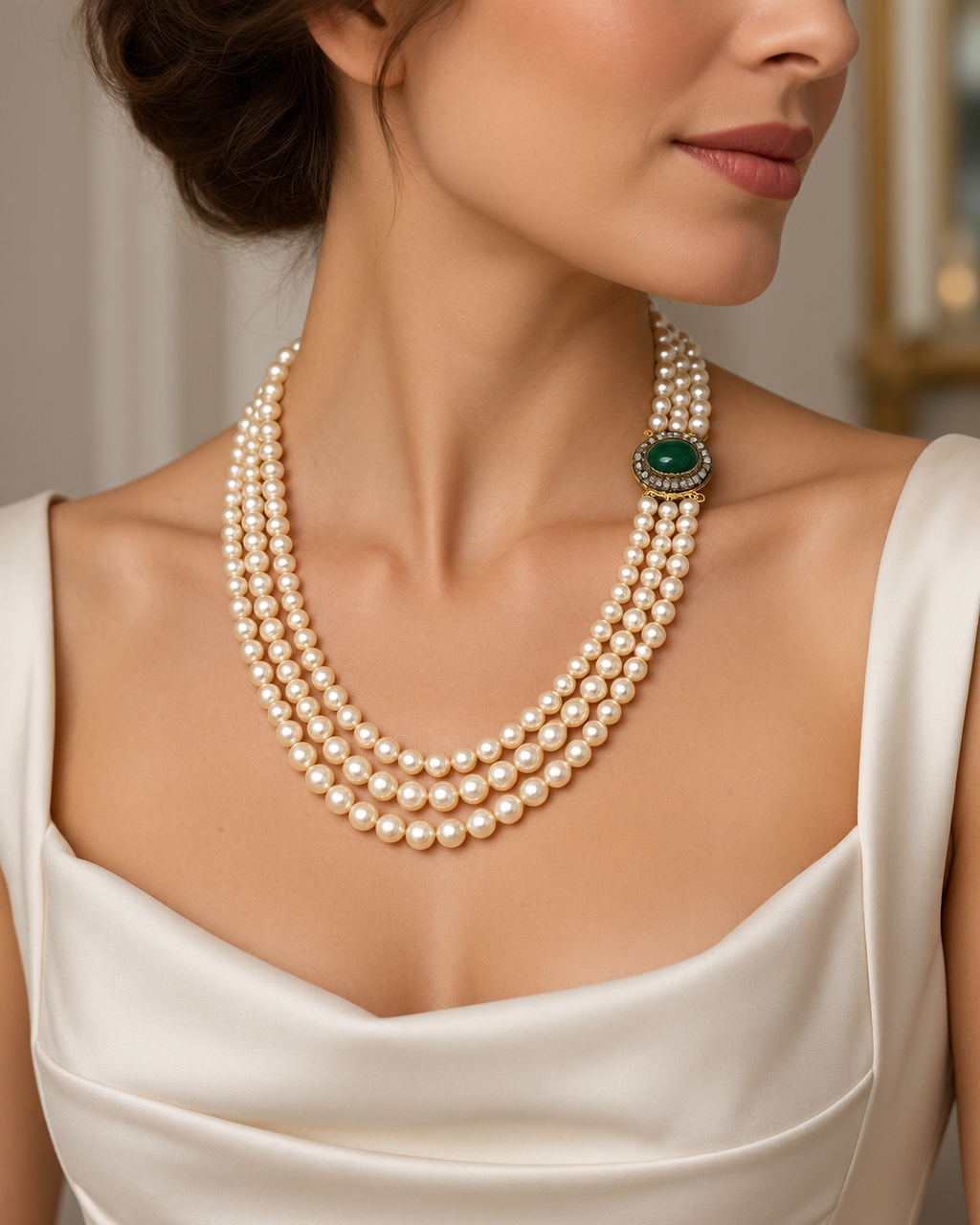 Three-Strand Japanese Akoya Pearl Necklace Late Victorian Diamond & Chrysoprase