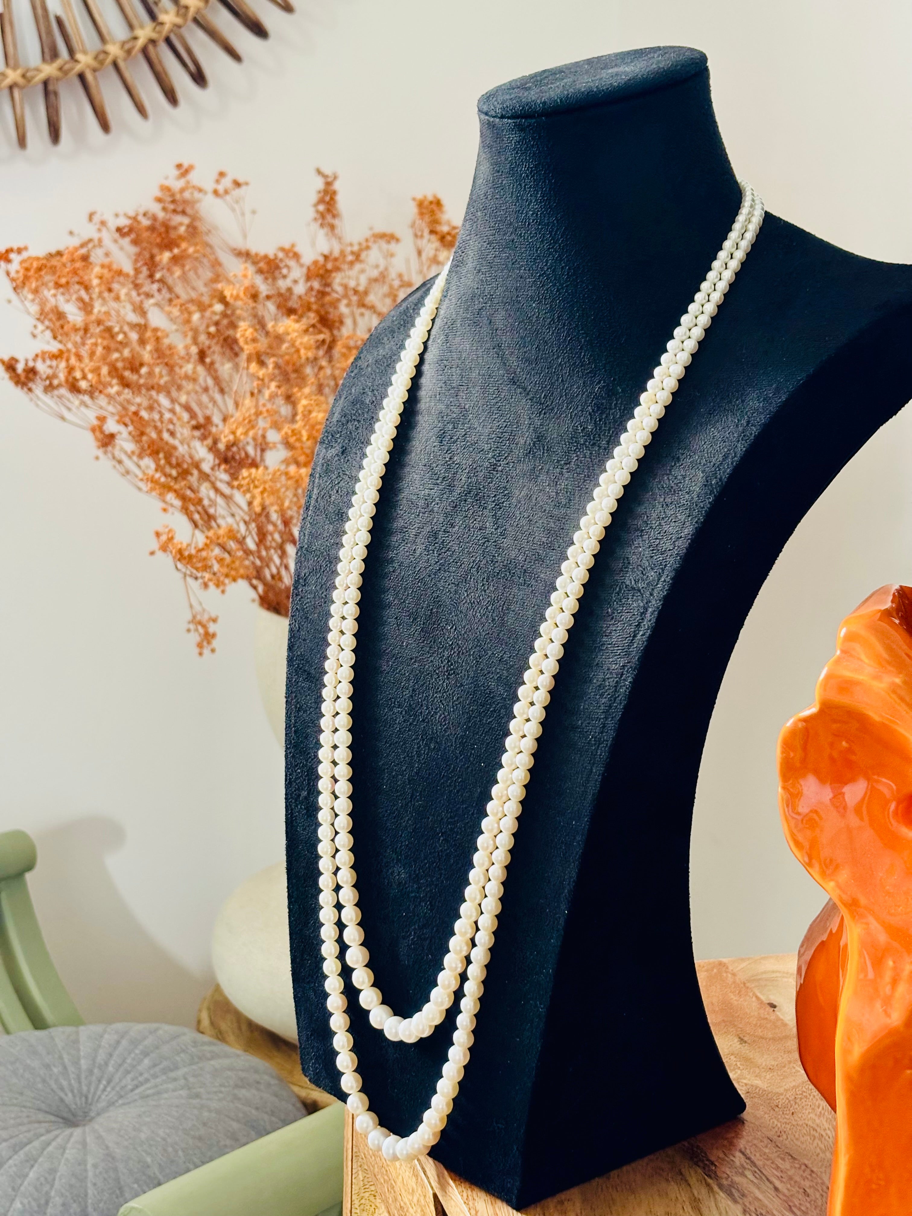 Vintage Graduated Cultured Pearl Double Opera Necklace with 14 Karat Gold Chisholm Hunter Clasp