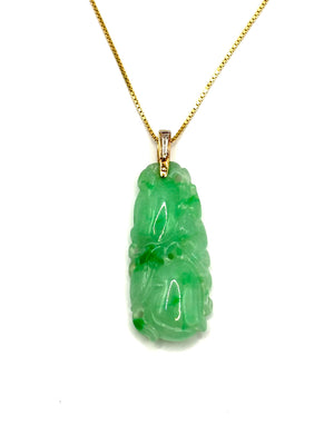 Natural Type A Jadeite Jade Carved Fruit Pendant, 14K Gold & Diamond, GCS Tested
