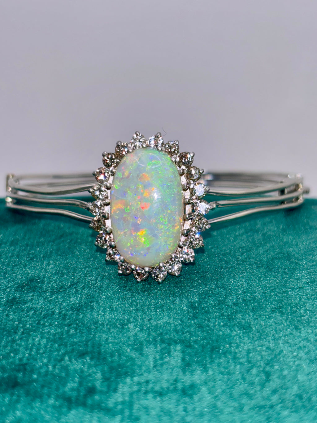 Vintage Opal Bangle 9.63 Carat Opal, 1.8 Carat Diamond 14K White Gold