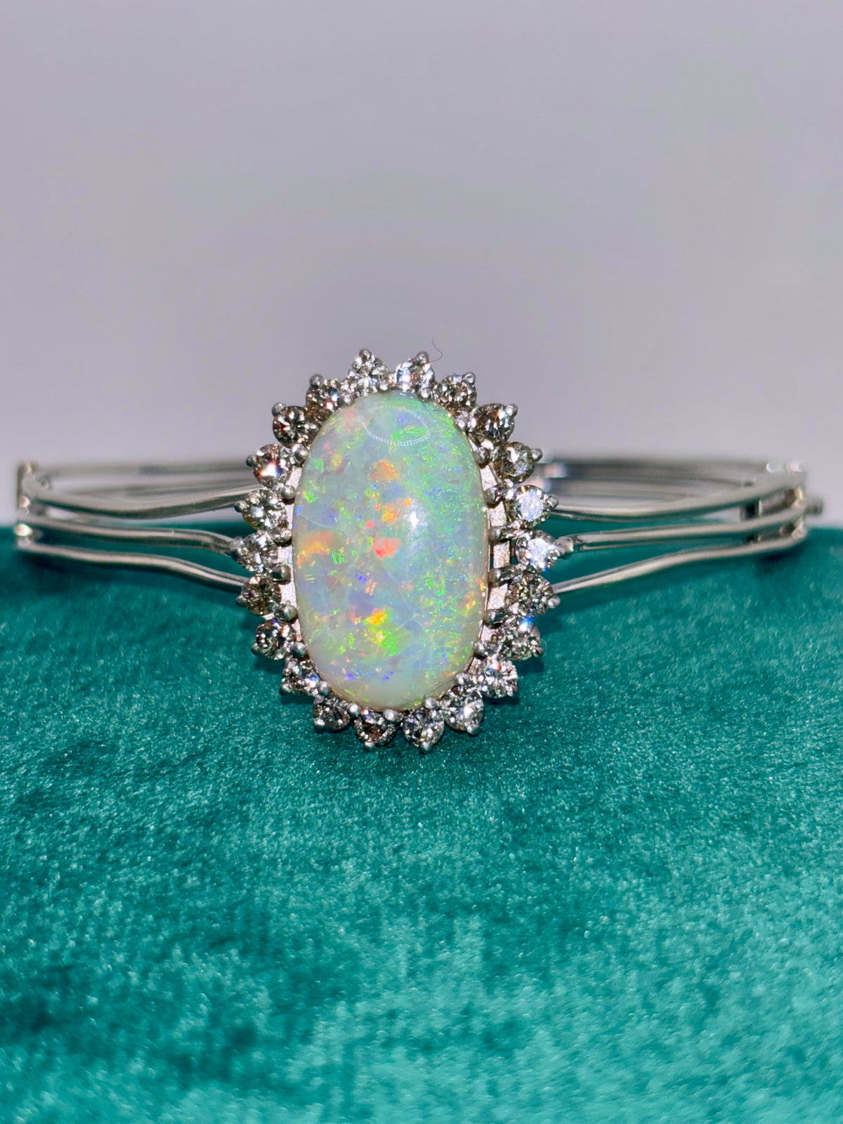 Vintage Opal Bangle 9.63 Carat Opal, 1.8 Carat Diamond 14K White Gold