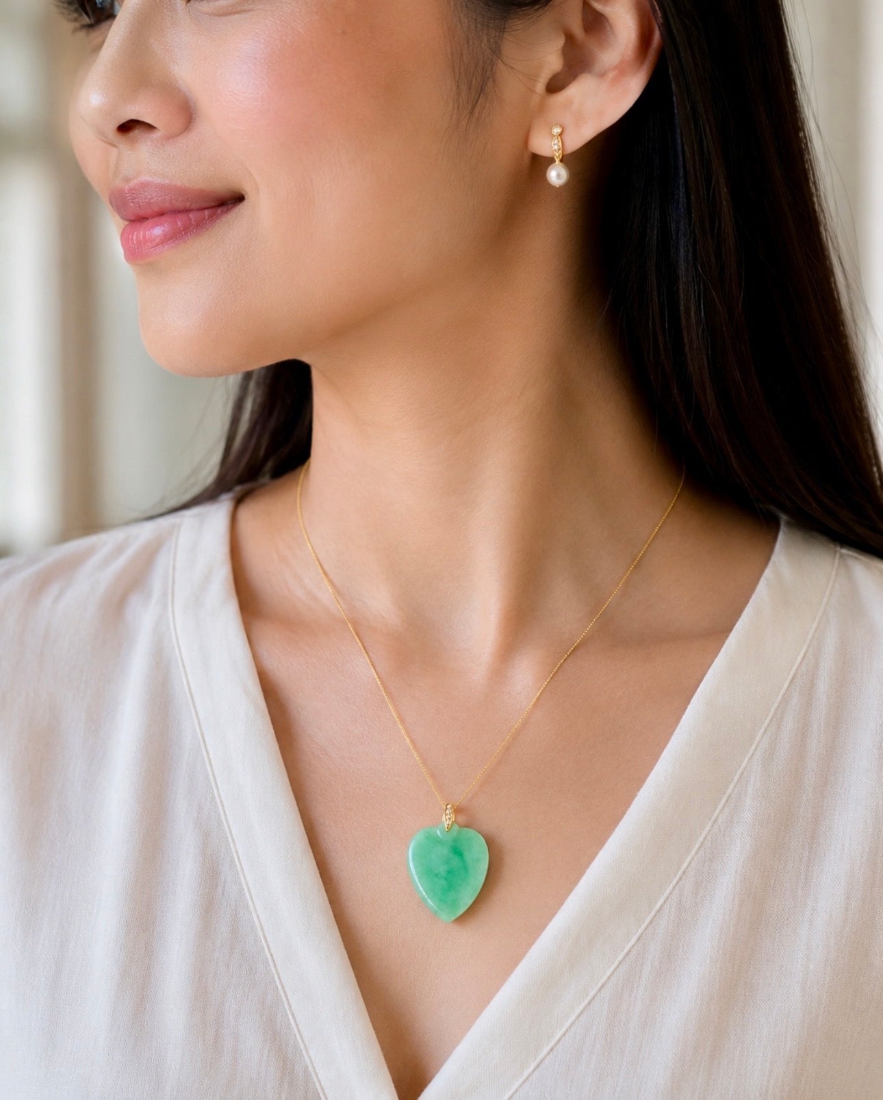 Natural Untreated Jadeite Jade Heart Pendant Diamonds 14K Gold GCS Certified