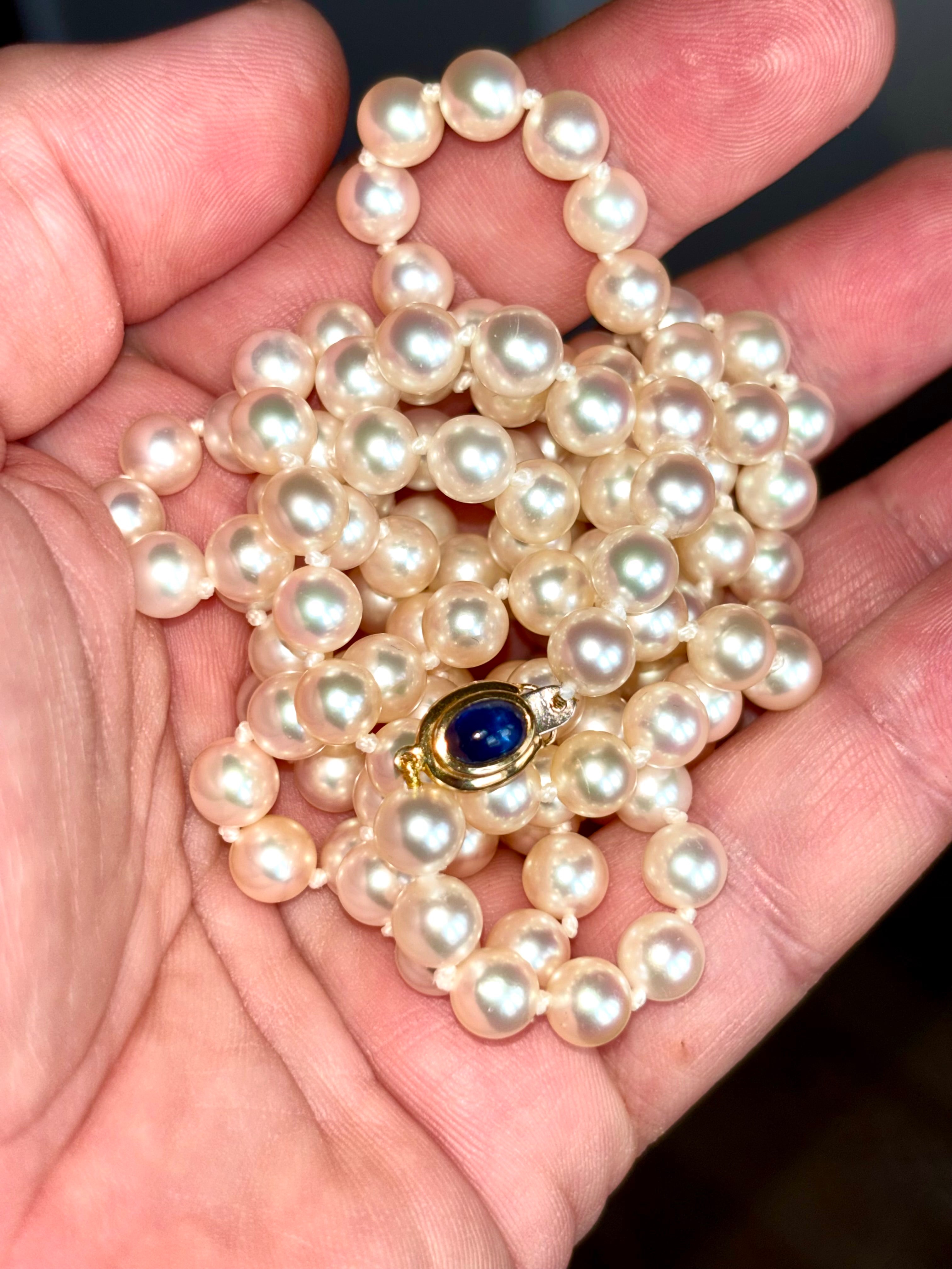 Long Japanese Akoya Cultured Pearl Opera Necklace, 18 Karat Gold Sapphire & Emerald Clasp, 98 cm