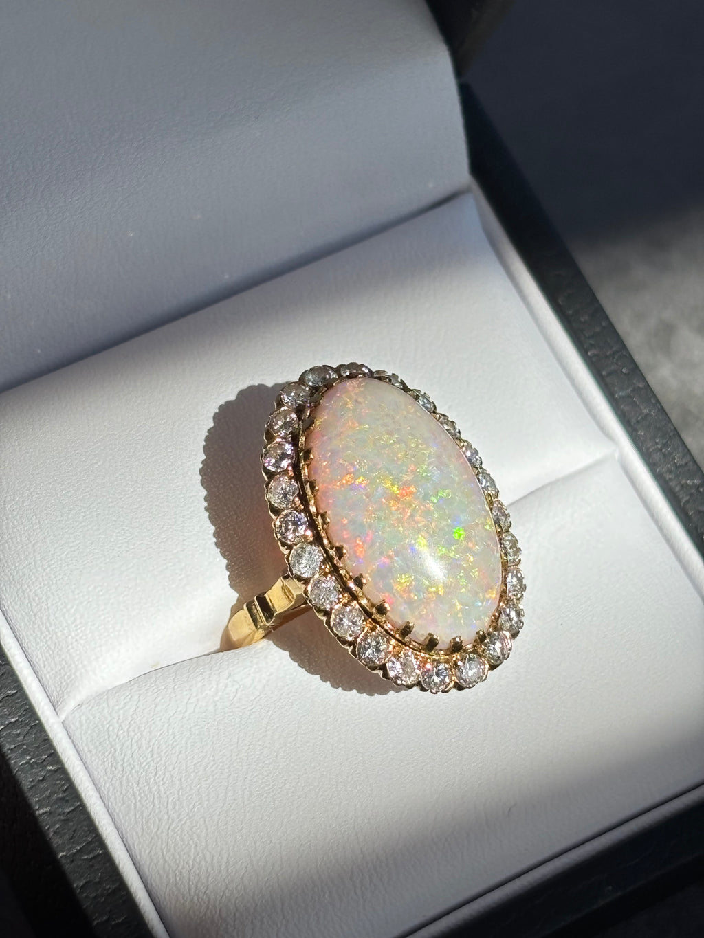 Vintage Large 8.50 carats Australian White Opal Diamond Cluster Ring in 18K Gold