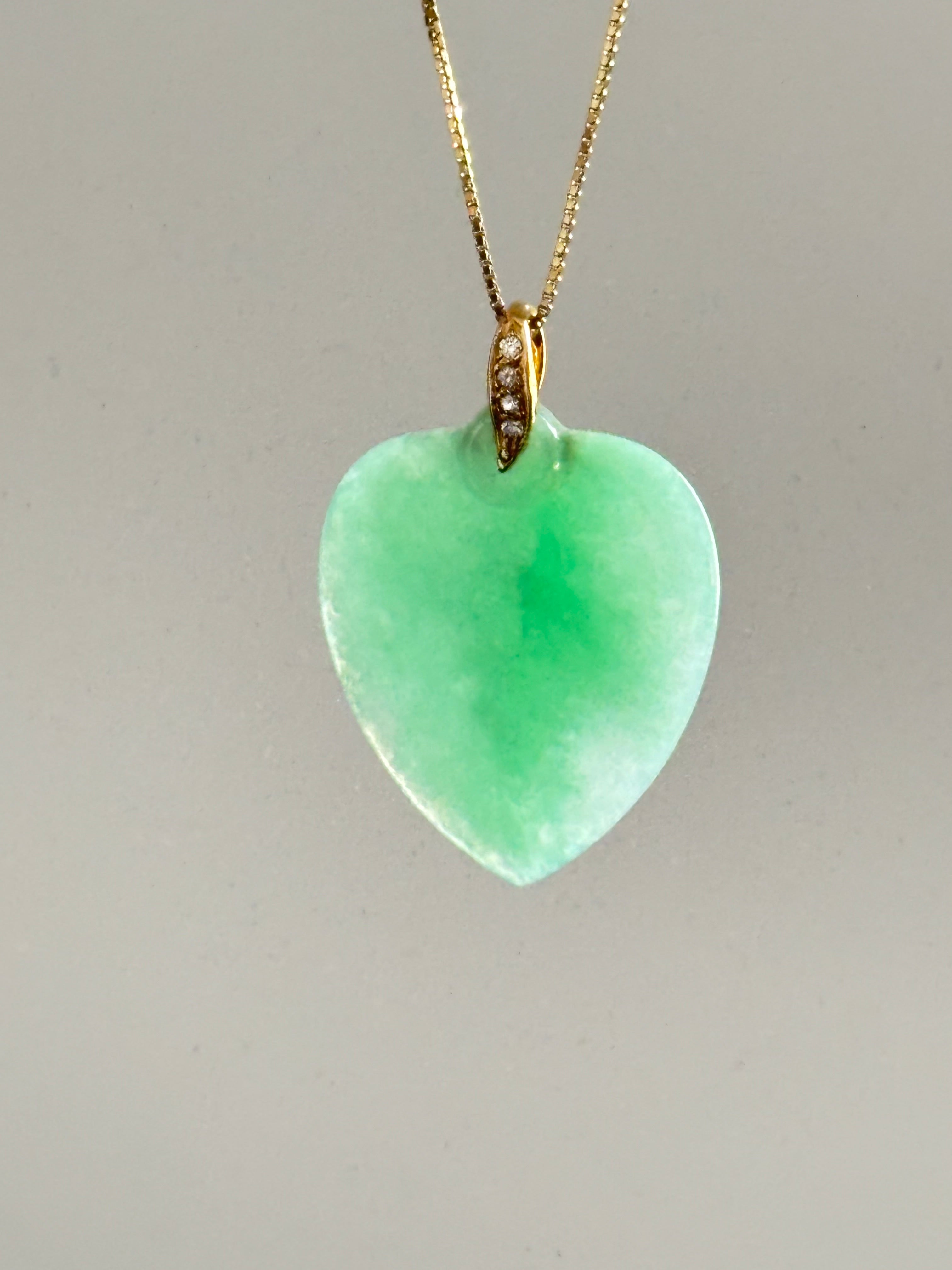 Natural Untreated Jadeite Jade Heart Pendant Diamonds 14K Gold GCS Certified