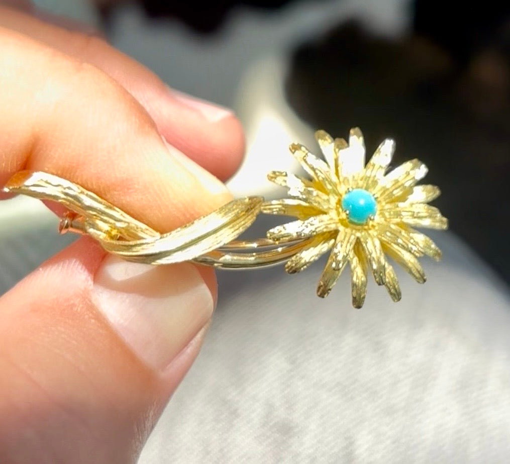 Vintage Tiffany & Co. France Turquoise Flower Brooch in Textured 18K Gold, 1960