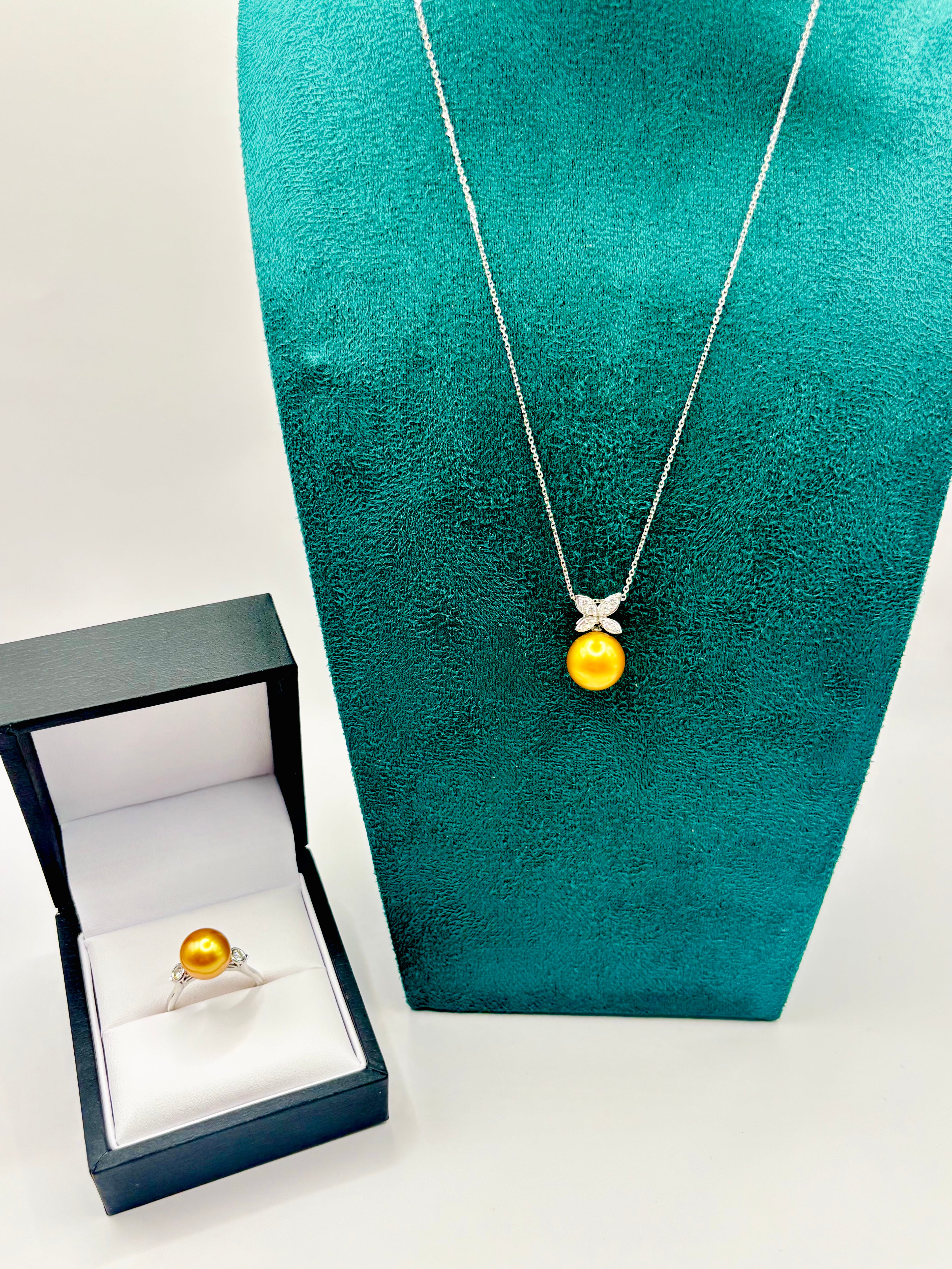 Golden South Sea Pearl and Diamond Necklace and Ring Suite 18K
