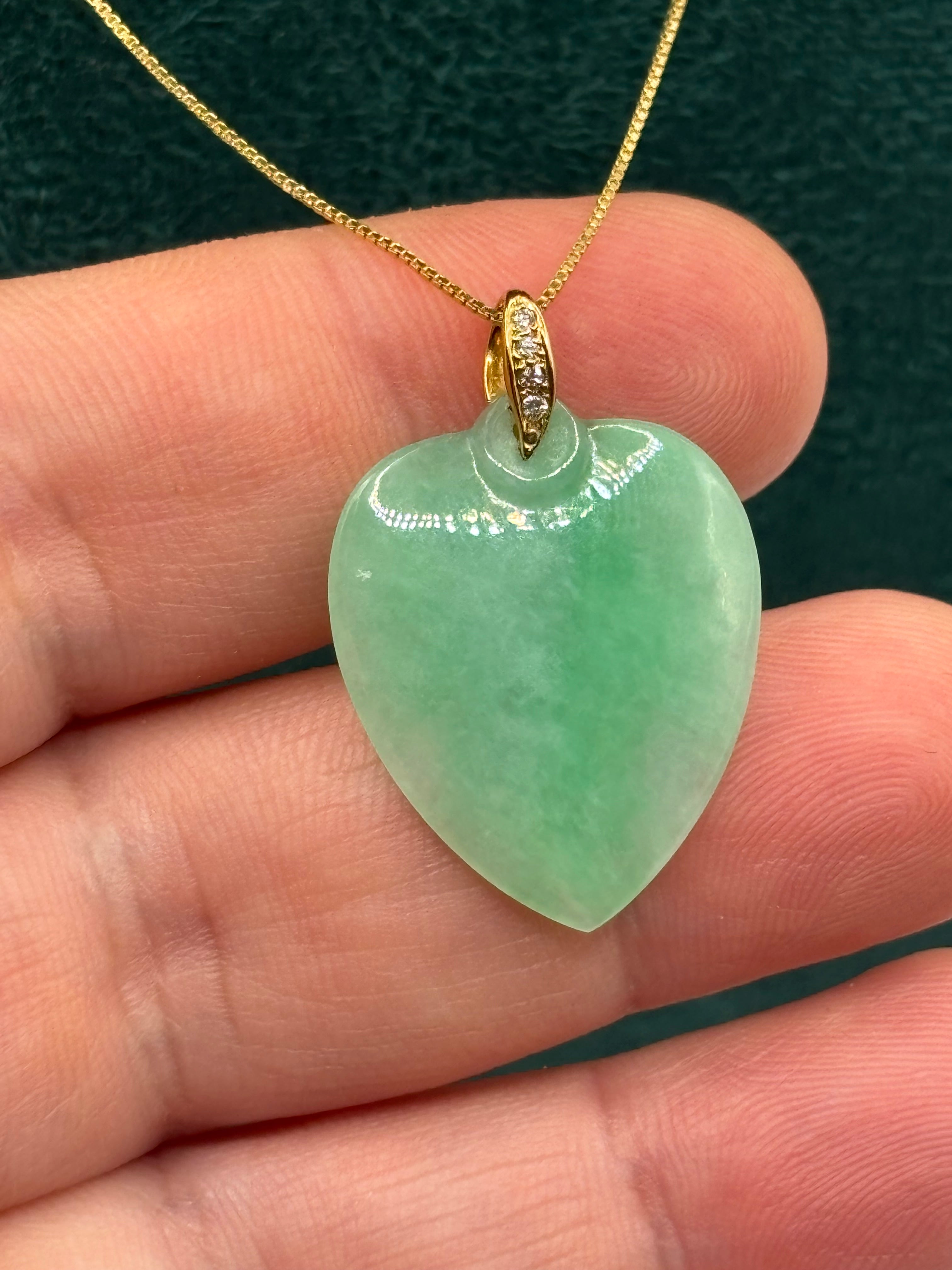 Natural Untreated Jadeite Jade Heart Pendant Diamonds 14K Gold GCS Certified