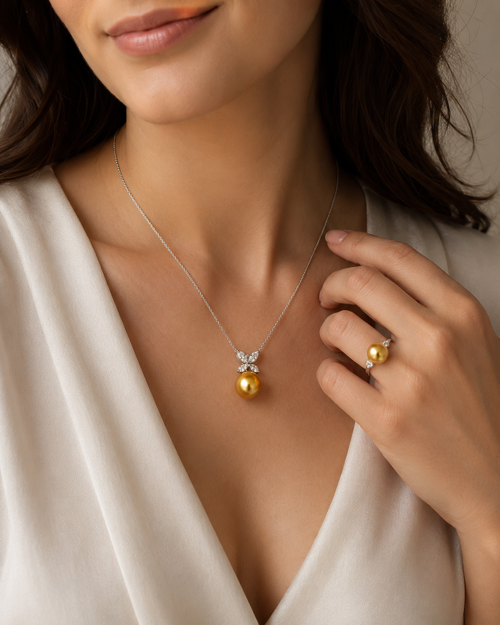 Golden South Sea Pearl and Diamond Necklace and Ring Suite 18K