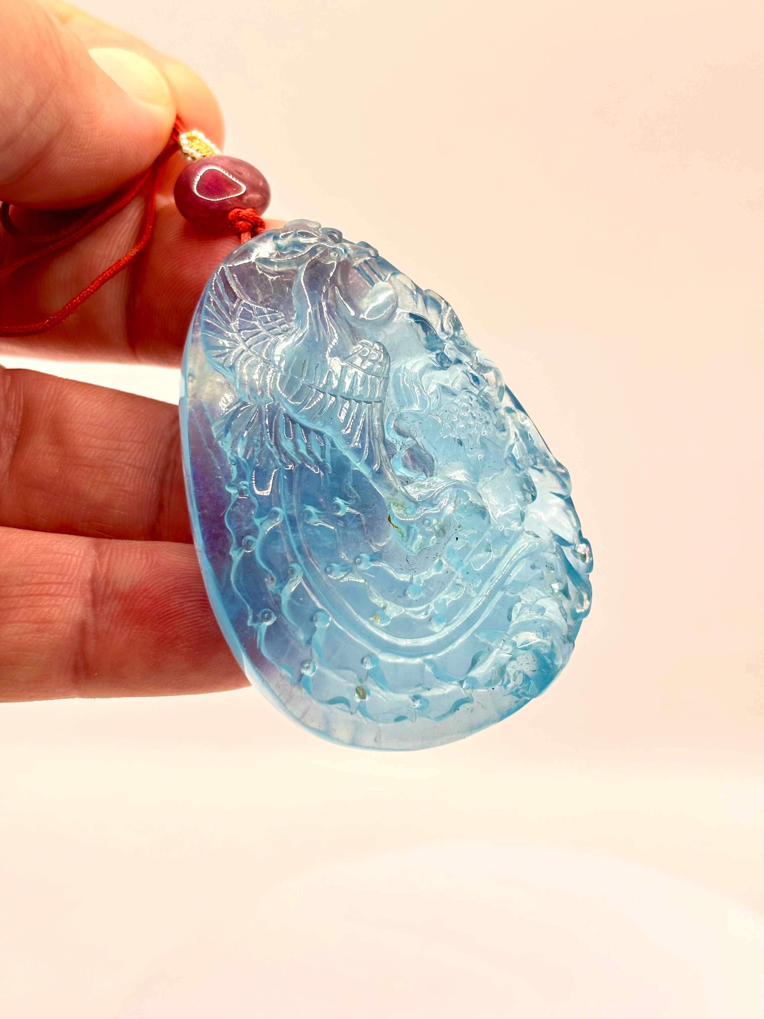 Large Chinese Hand-Carved Aquamarine Pendant with Pink Tourmaline and Seed Pearls