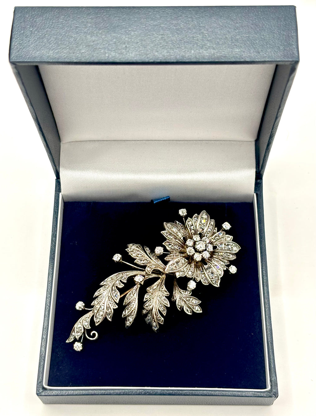 Late 19th Century Floral Spray Brooch with Old European and Rose Cut Diamonds, 8cm long