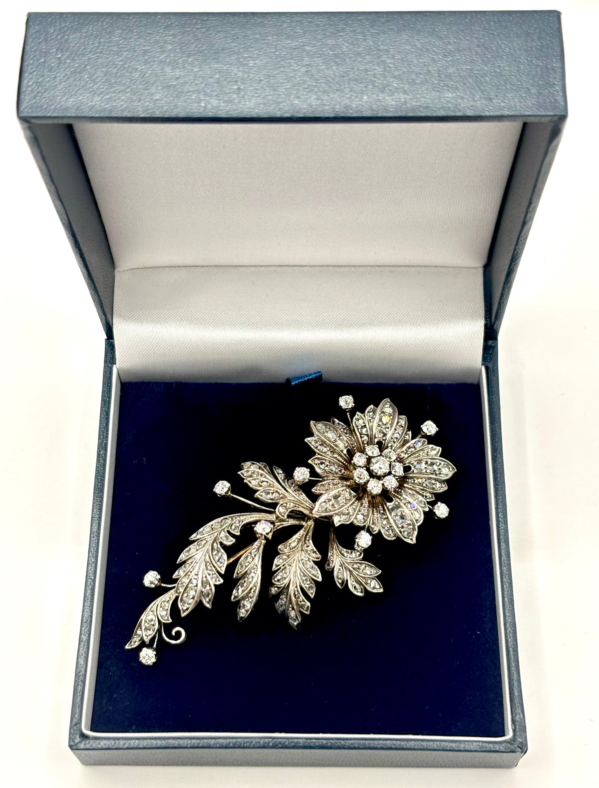 Late 19th Century Floral Spray Brooch with Old European and Rose Cut Diamonds, 8cm long