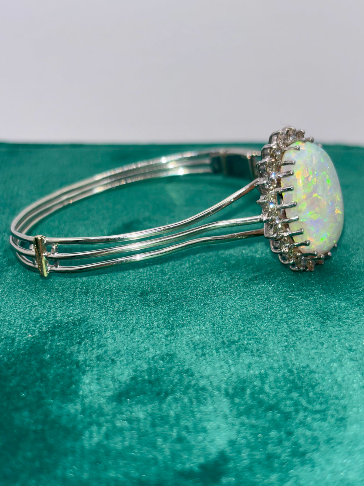 Vintage Opal Bangle 9.63 Carat Opal, 1.8 Carat Diamond 14K White Gold