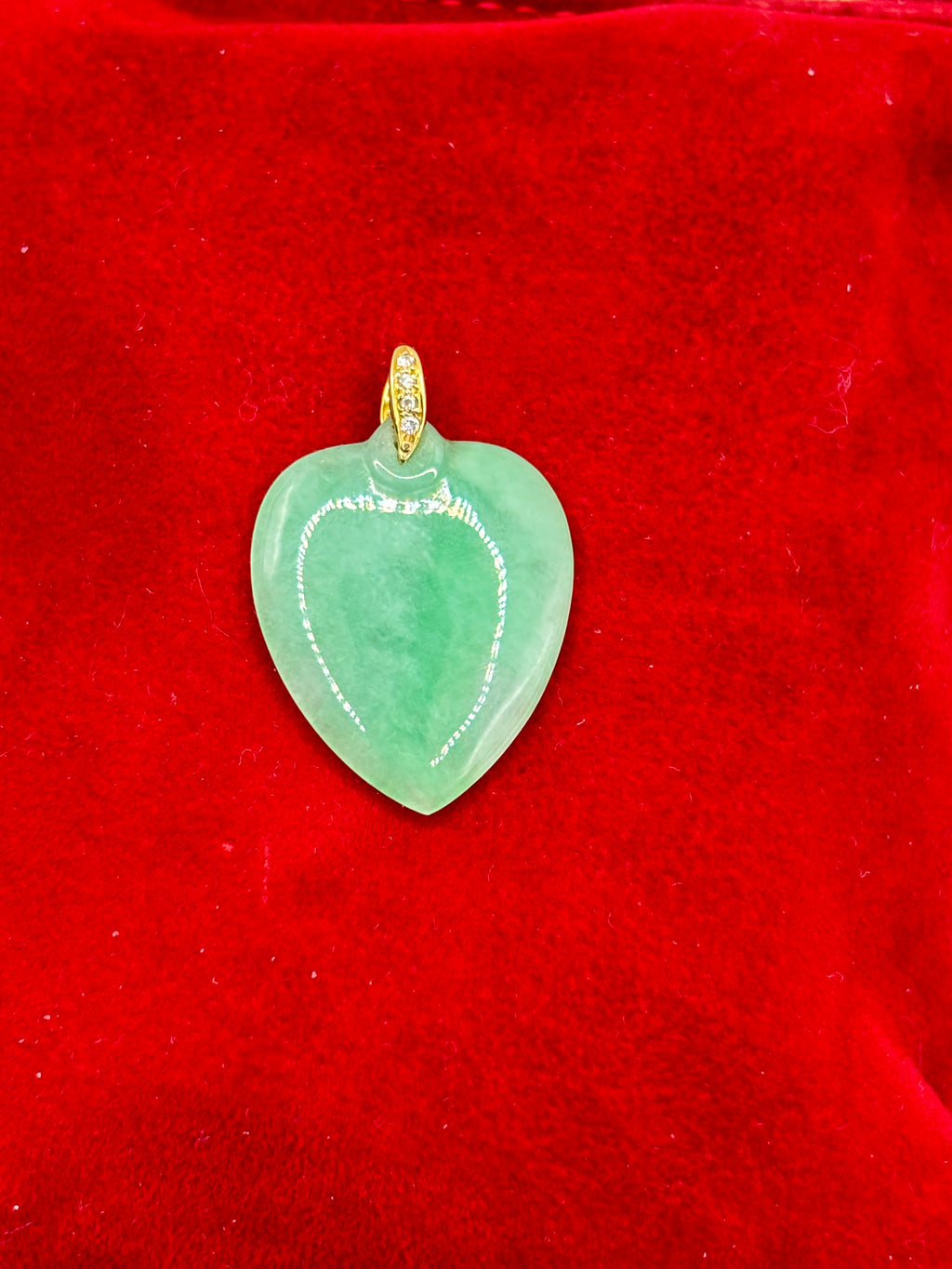 Natural Untreated Jadeite Jade Heart Pendant Diamonds 14K Gold GCS Certified