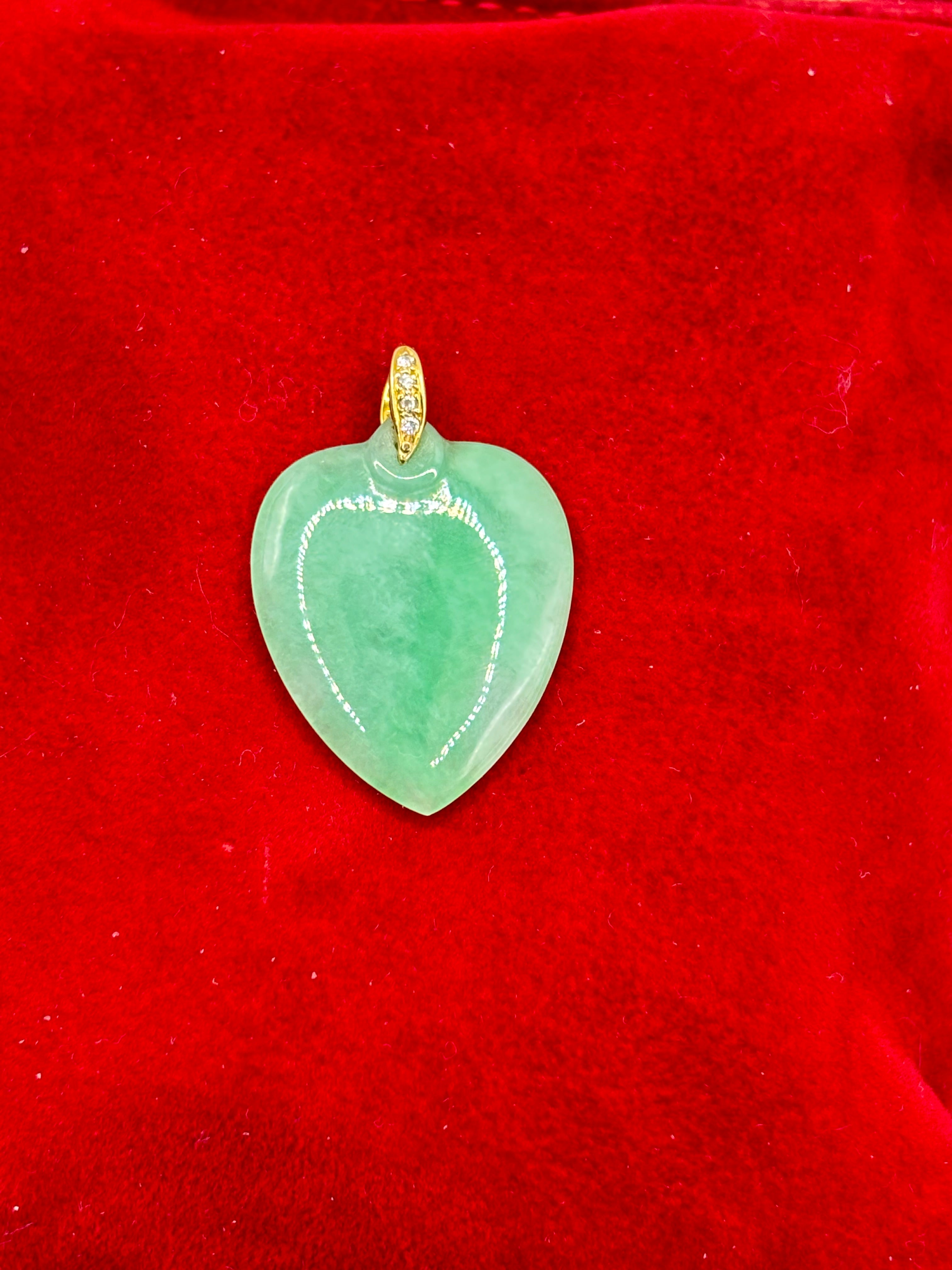 Natural Untreated Jadeite Jade Heart Pendant Diamonds 14K Gold GCS Certified