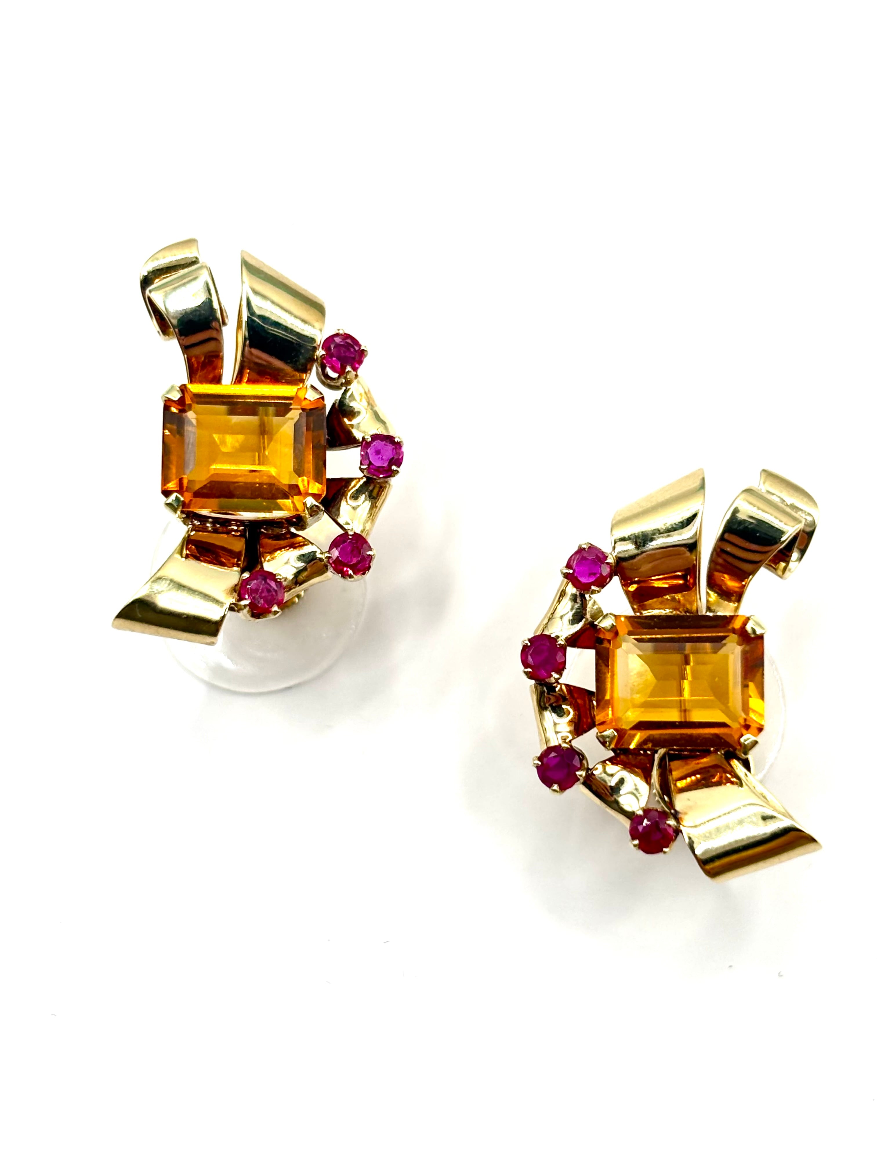 Tiffany & Co Retro 14 Karat Gold Citrine and Ruby Earrings, Circa 1940