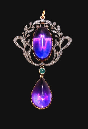 EDWARDIAN CABOCHON AMETHYST Diamonds and Emerald Silver Gilt Pendant