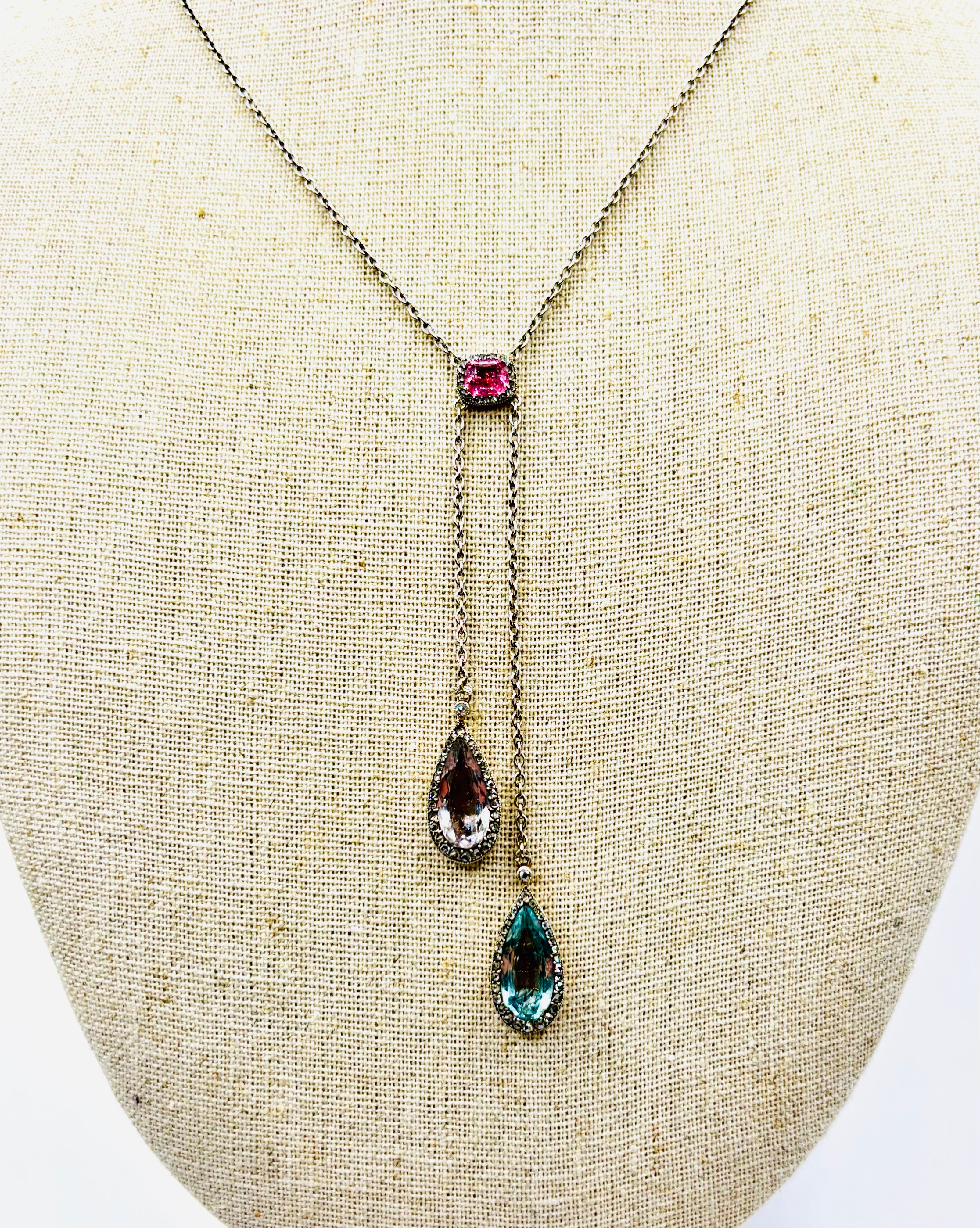 Antique French Edwardian Aquamarine, Pink Tourmaline, Morganite Diamond Negligee Necklace