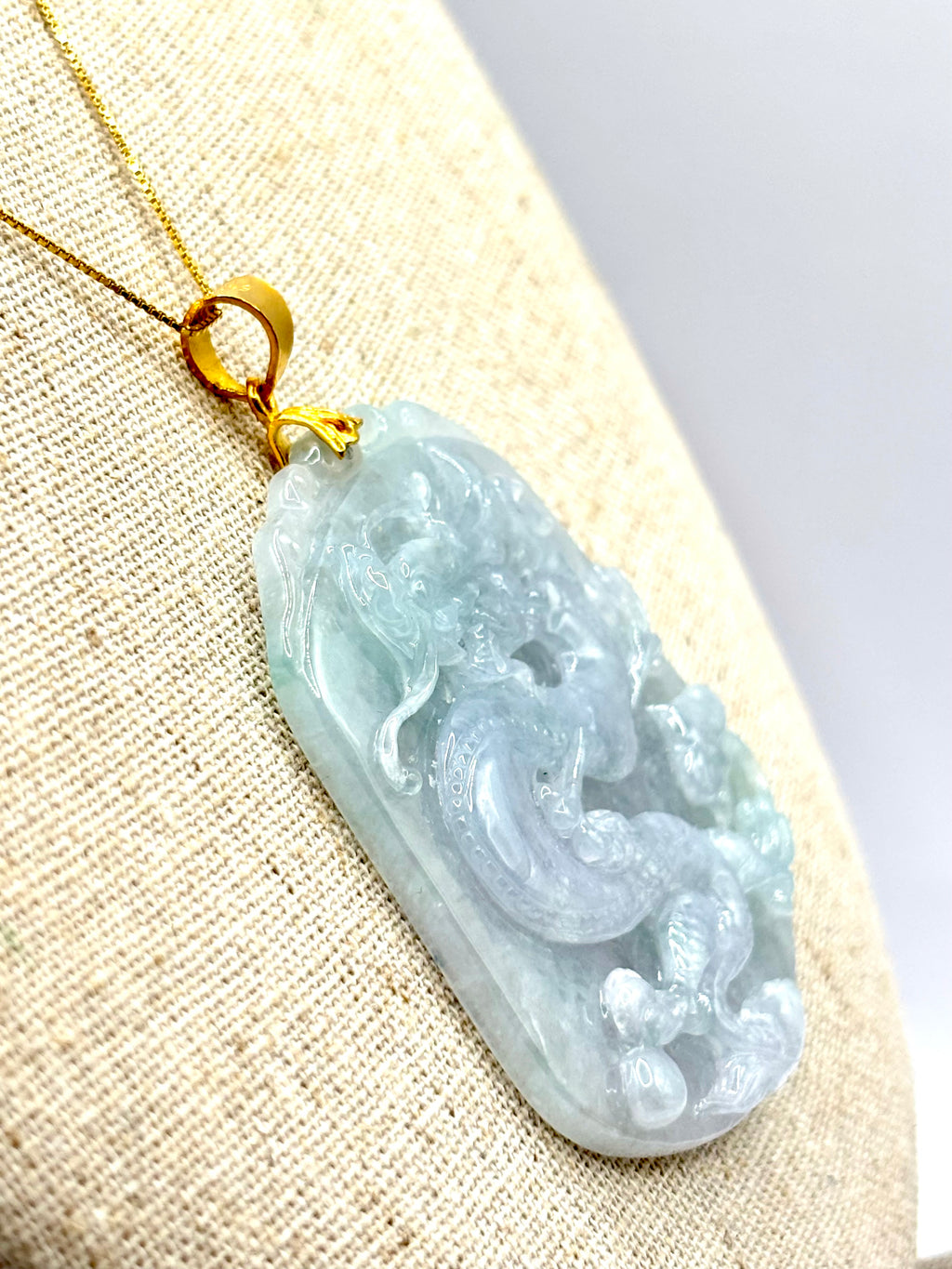 Large Vintage Carved Jadeite Jade Dragon Pendant 24K Fine Gold Bail, Certified
