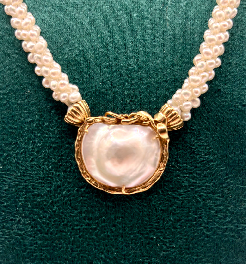 Pearl Necklace with Gold Multi-Strand Freshwater Pearls Large Mother of Pearl Gold Mounted Pendant