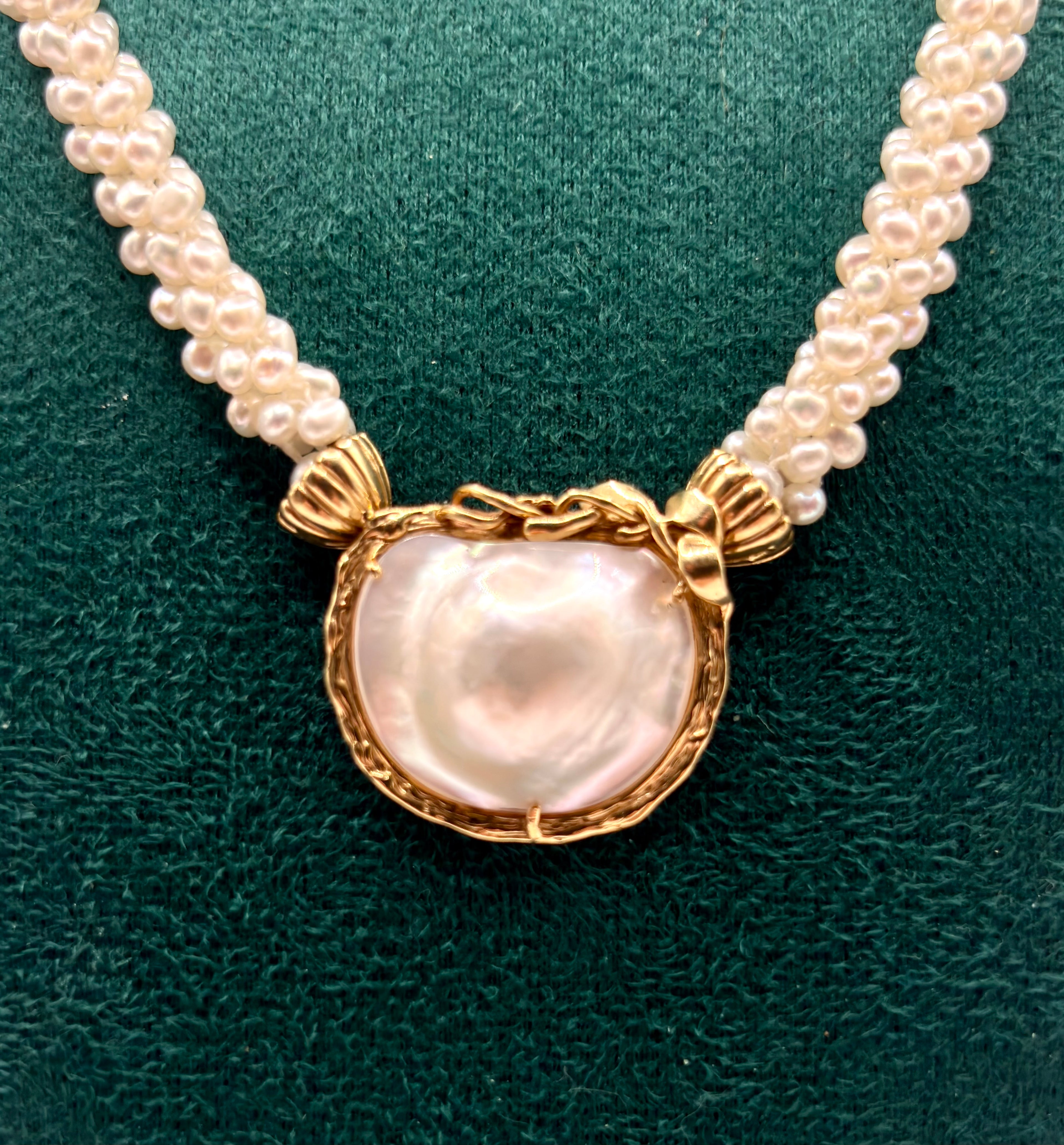 Pearl Necklace with Gold Multi-Strand Freshwater Pearls Large Mother of Pearl Gold Mounted Pendant