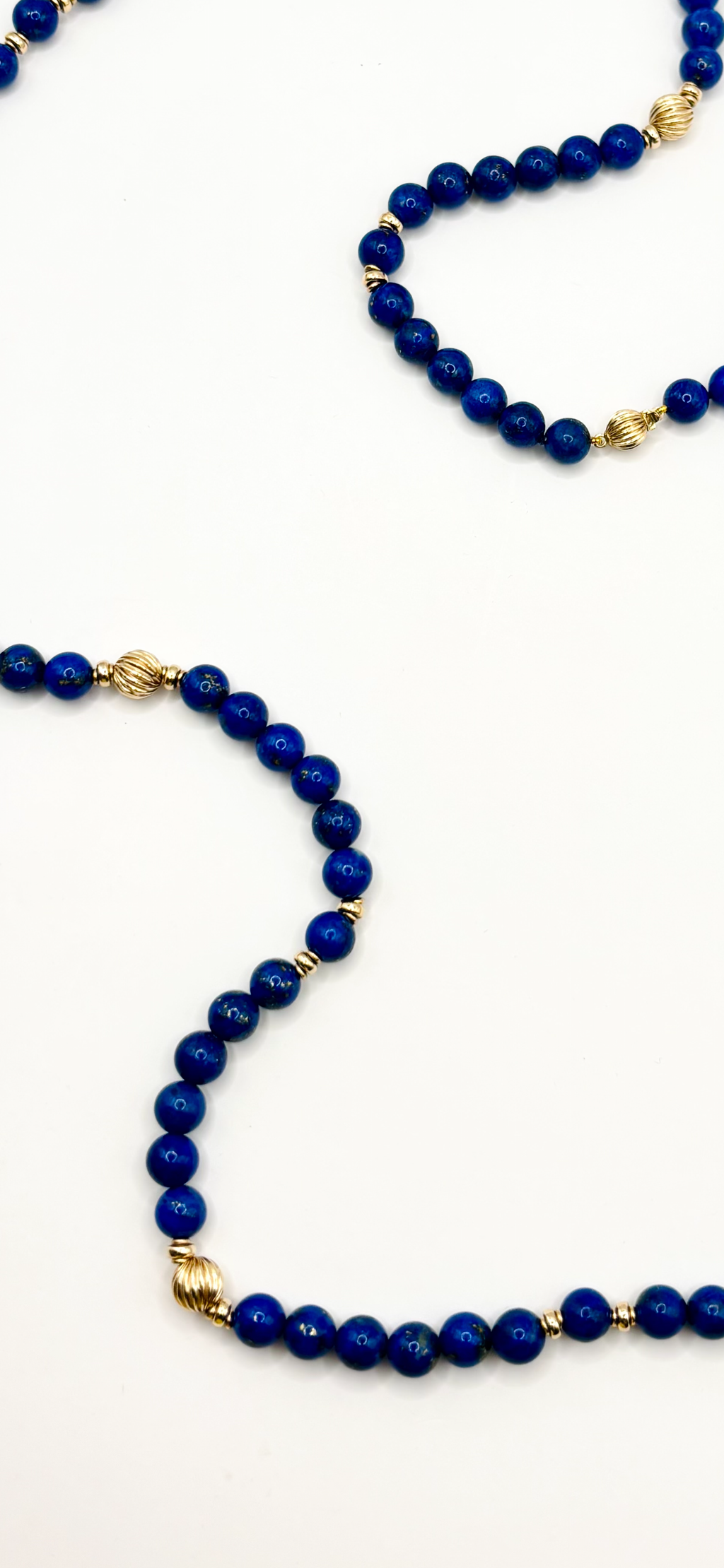 1980s Long Vintage Lapis Lazuli Bead Necklace 9 Carat Gold Fluted Spacers 100cm