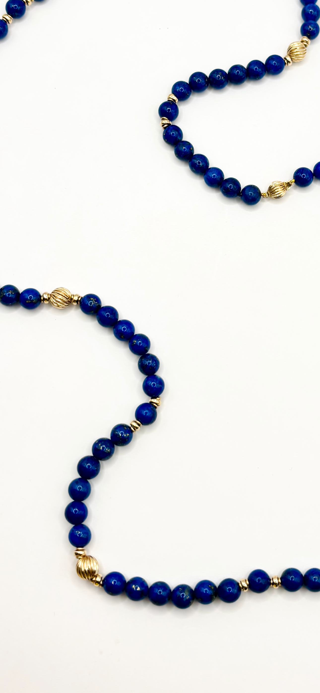 1980s Long Vintage Lapis Lazuli Bead Necklace 9 Carat Gold Fluted Spacers 100cm
