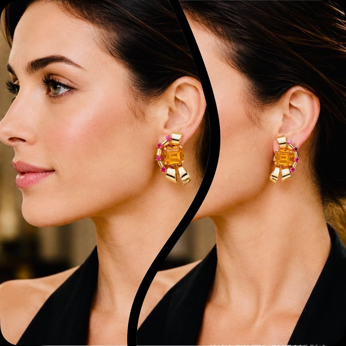 Tiffany & Co Retro 14 Karat Gold Citrine and Ruby Earrings, Circa 1940