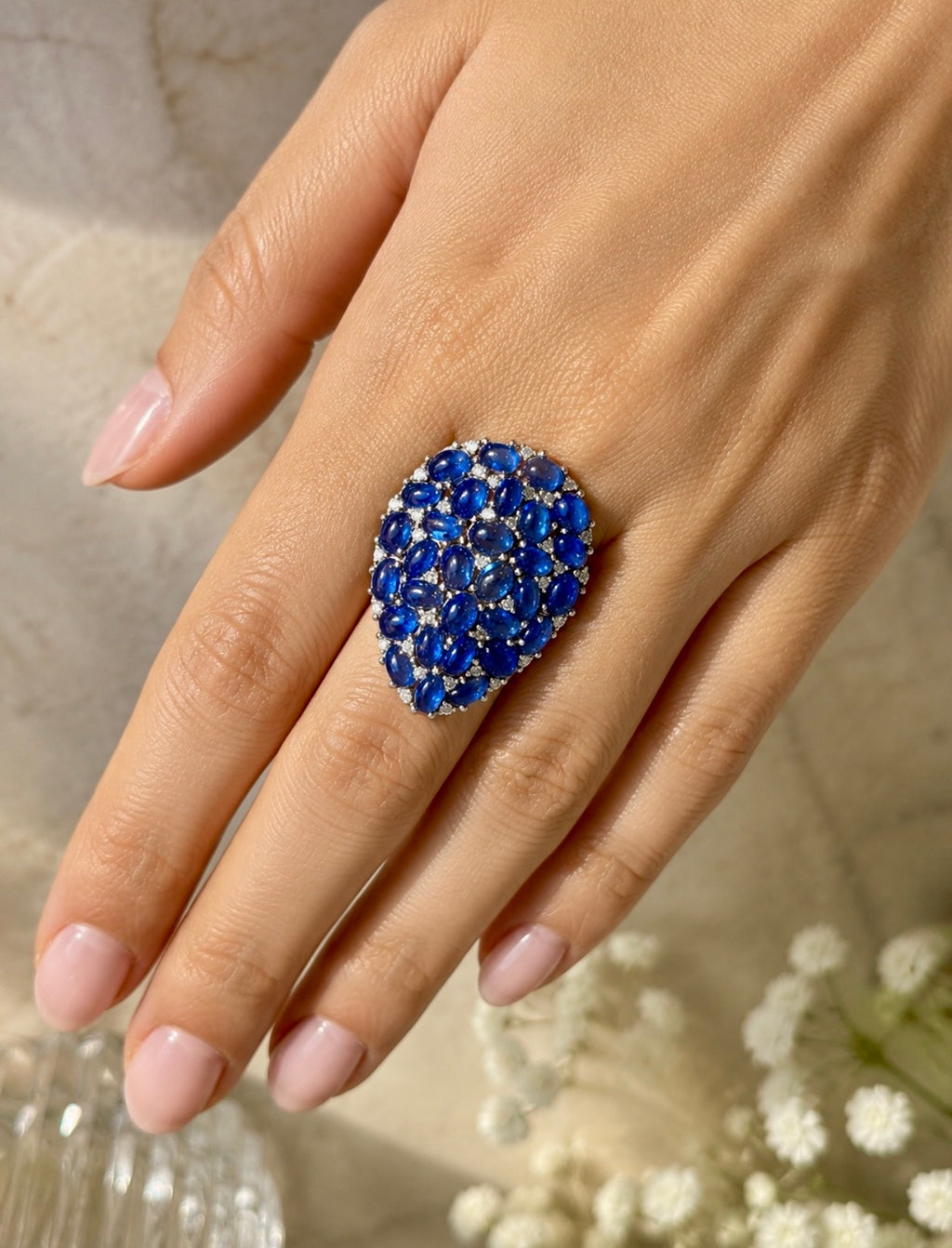 Natural Sapphire Cabochon and Diamond Statement Cocktail Ring, 13 Carats of Sapphires, 18K Gold & Silver