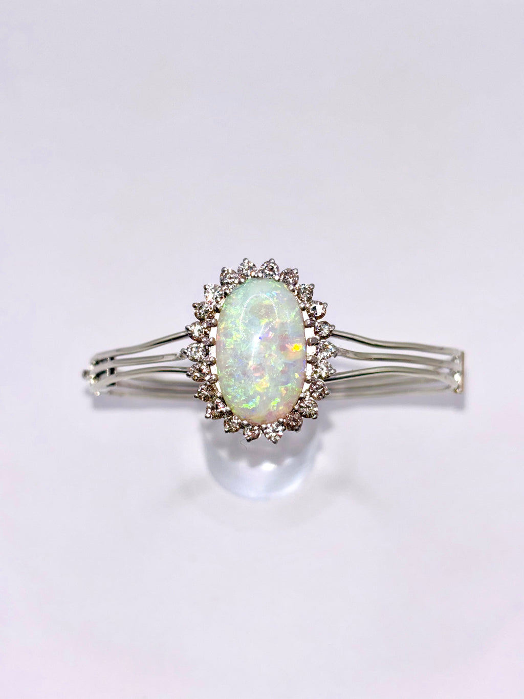 Vintage Opal Bangle 9.63 Carat Opal, 1.8 Carat Diamond 14K White Gold