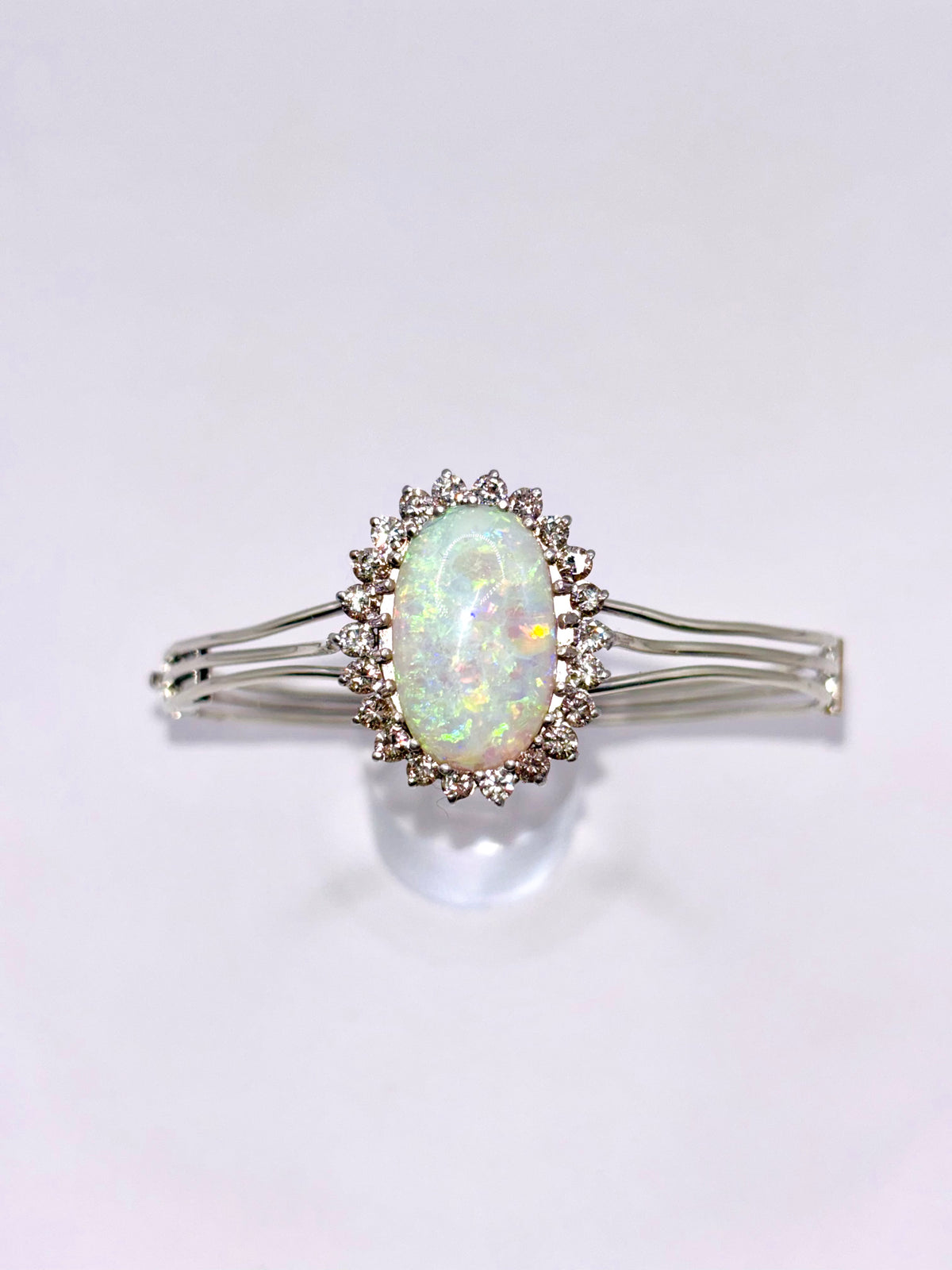 Vintage Opal Bangle 9.63 Carat Opal, 1.8 Carat Diamond 14K White Gold