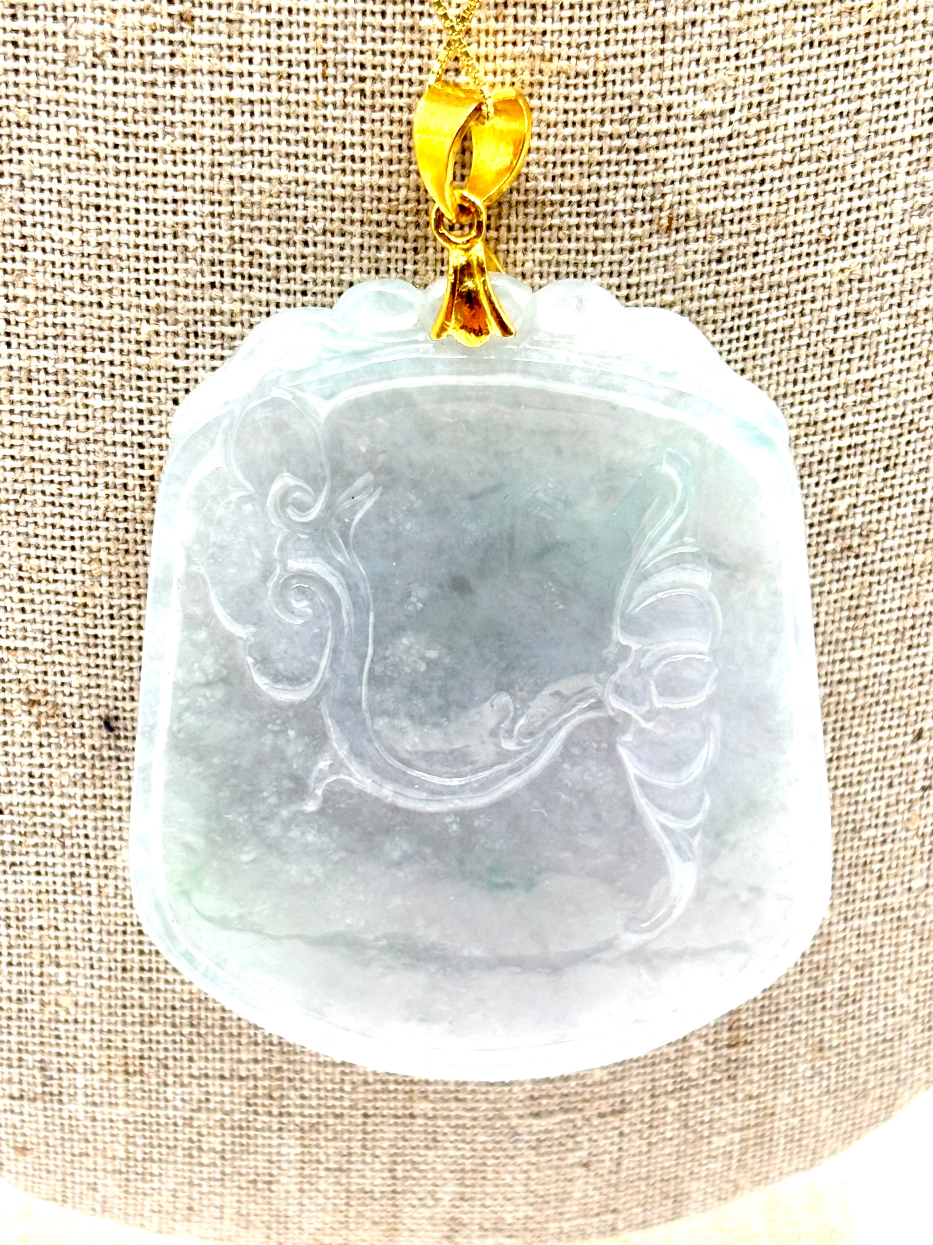 Large Vintage Carved Jadeite Jade Dragon Pendant 24K Fine Gold Bail, Certified