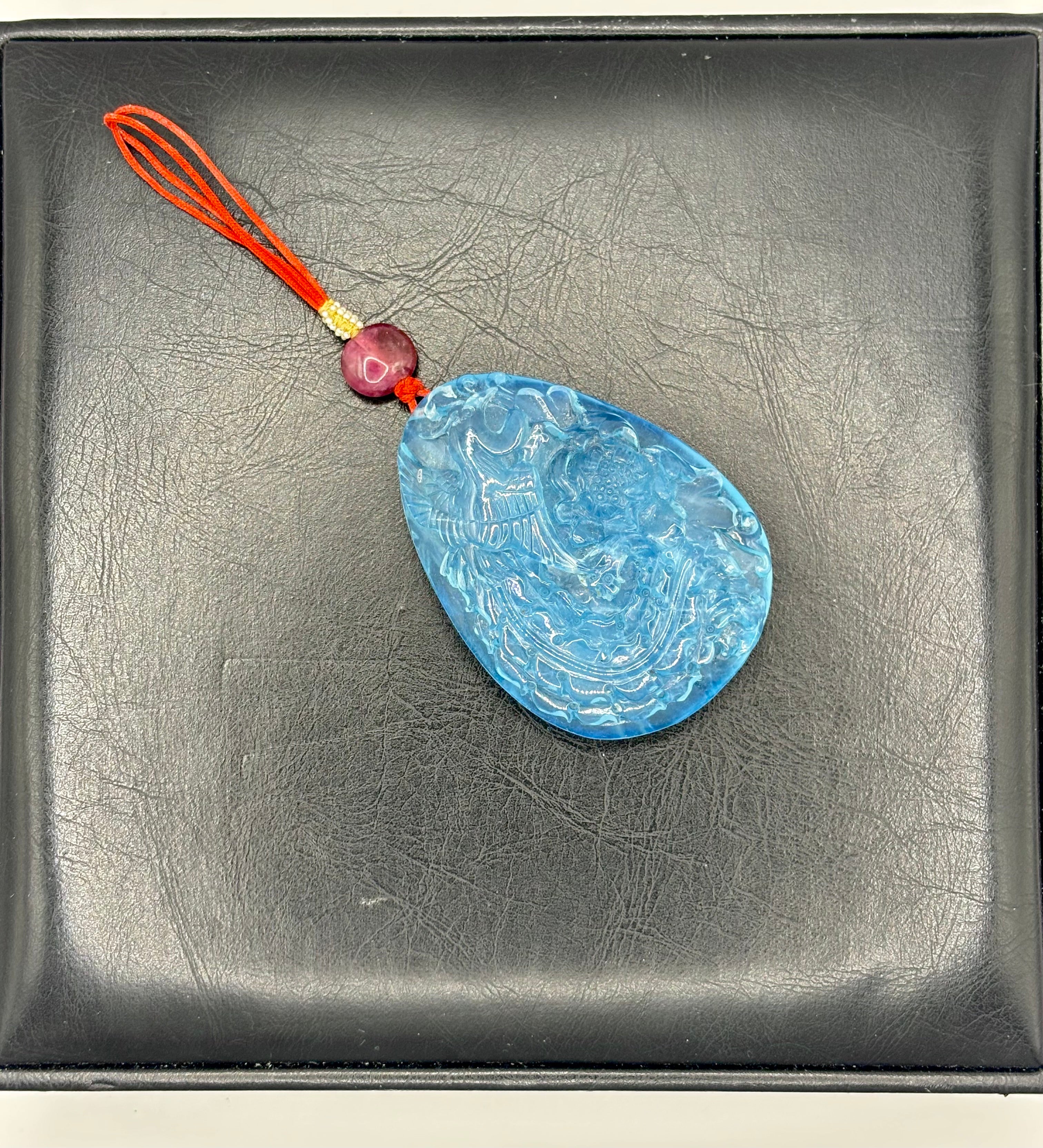 Large Chinese Hand-Carved Aquamarine Pendant with Pink Tourmaline and Seed Pearls