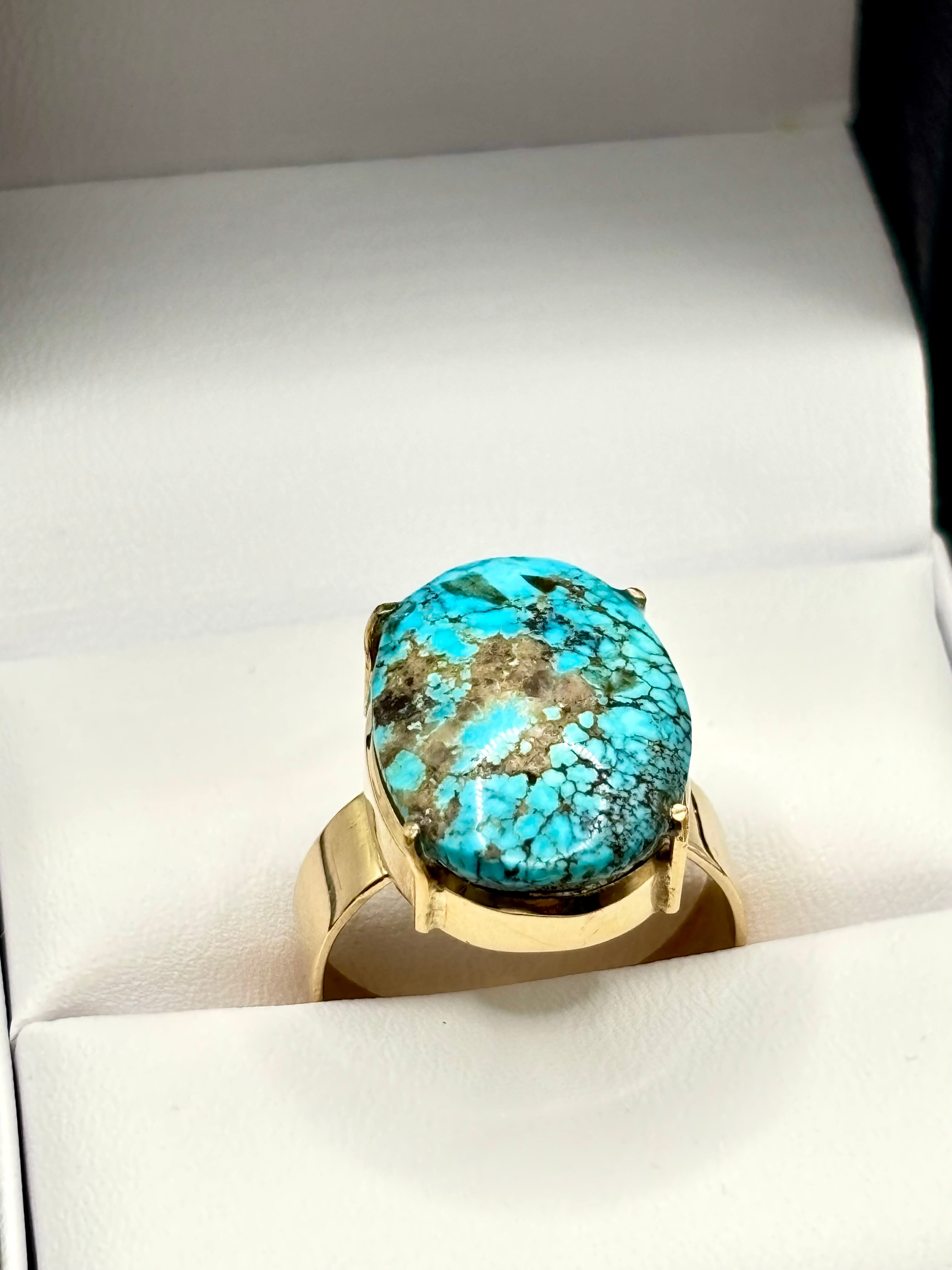 Vintage 18 Karat Gold Large Natural Turquoise Cabochon Statement Ring, Circa 1970