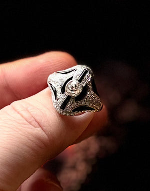 ART DECO STYLE Diamonds & Onyx Ring 18K Gold