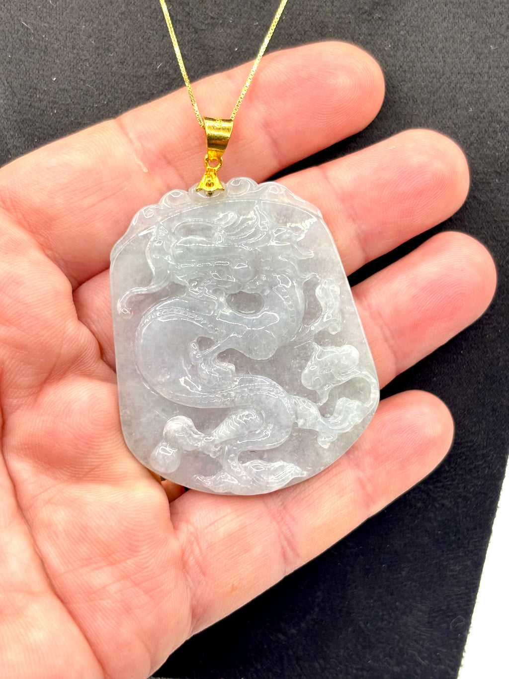 Large Vintage Carved Jadeite Jade Dragon Pendant 24K Fine Gold Bail, Certified