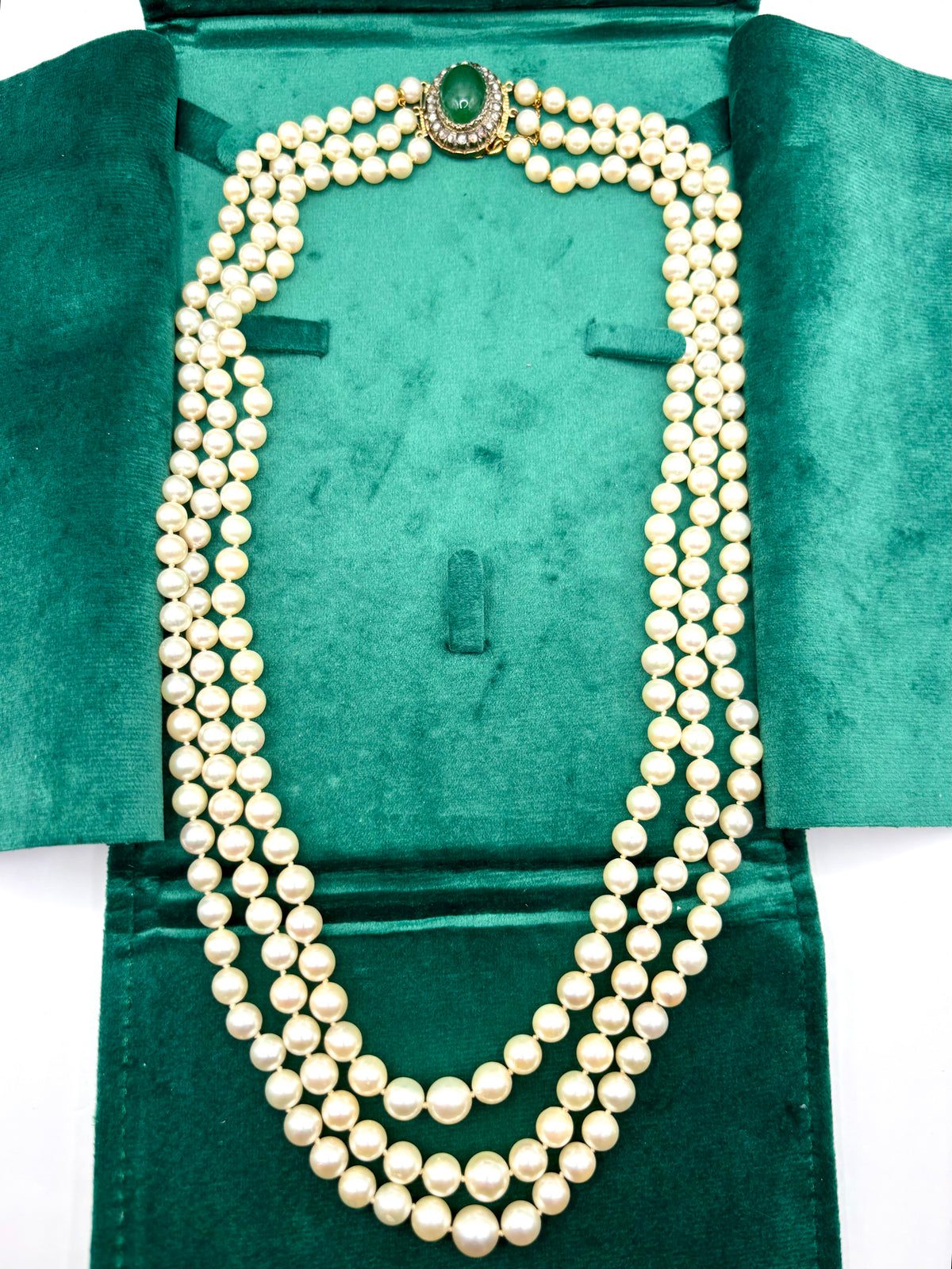 Three-Strand Japanese Akoya Pearl Necklace Late Victorian Diamond & Chrysoprase