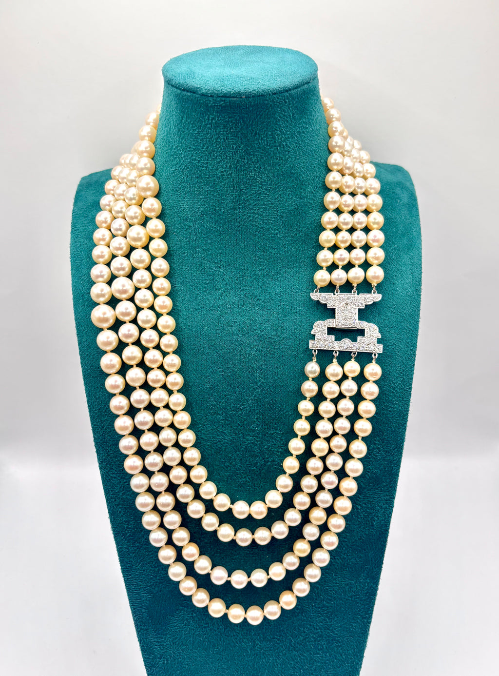 Long Vintage Four-Strand Akoya Pearl Necklace Art Deco Diamonds & Platinum Clasp 1950’s