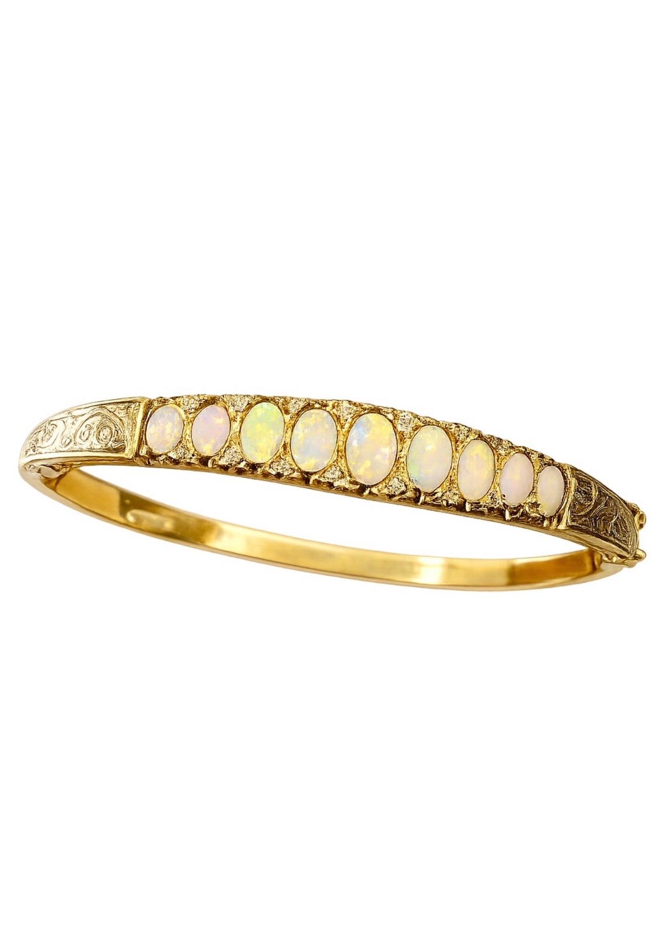 Vintage English 9 Carat Gold Opal and Diamond Victorian Revival Hinged Bangle Bracelet, London Hallmarks