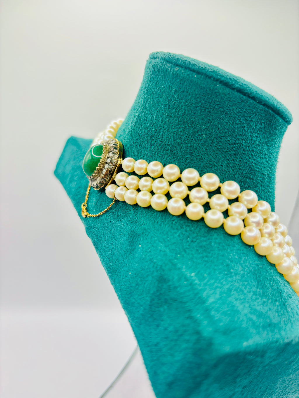 Three-Strand Japanese Akoya Pearl Necklace Late Victorian Diamond & Chrysoprase