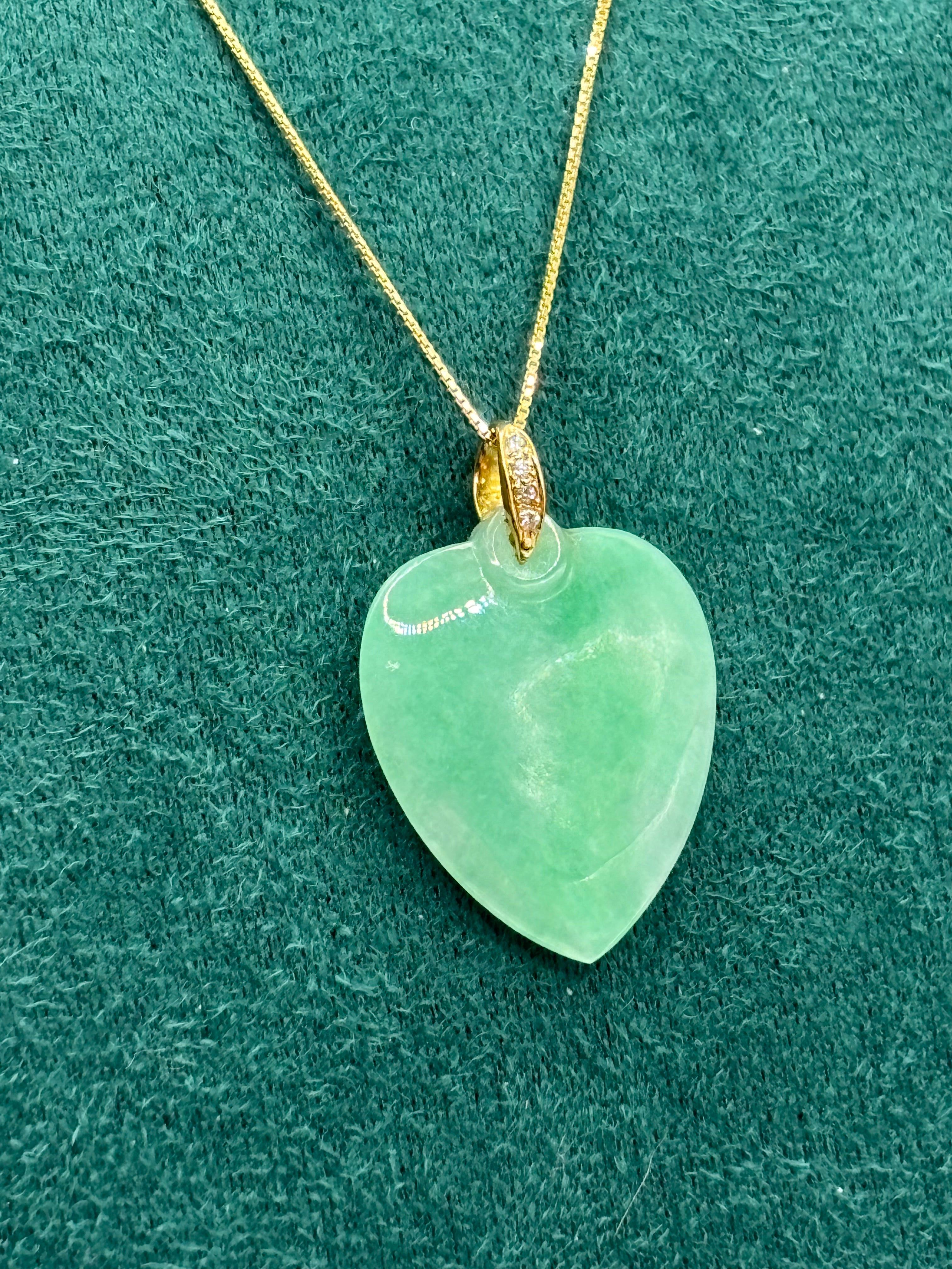 Natural Untreated Jadeite Jade Heart Pendant Diamonds 14K Gold GCS Certified