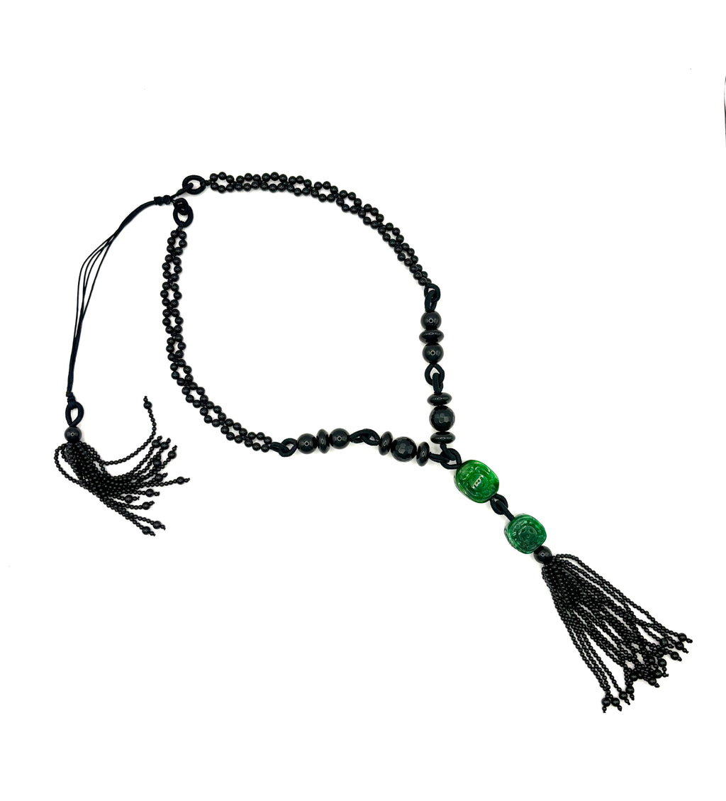 Vintage Long Carved Jadeite and Black Onyx Double-Strand Tassel Sautoir Necklace