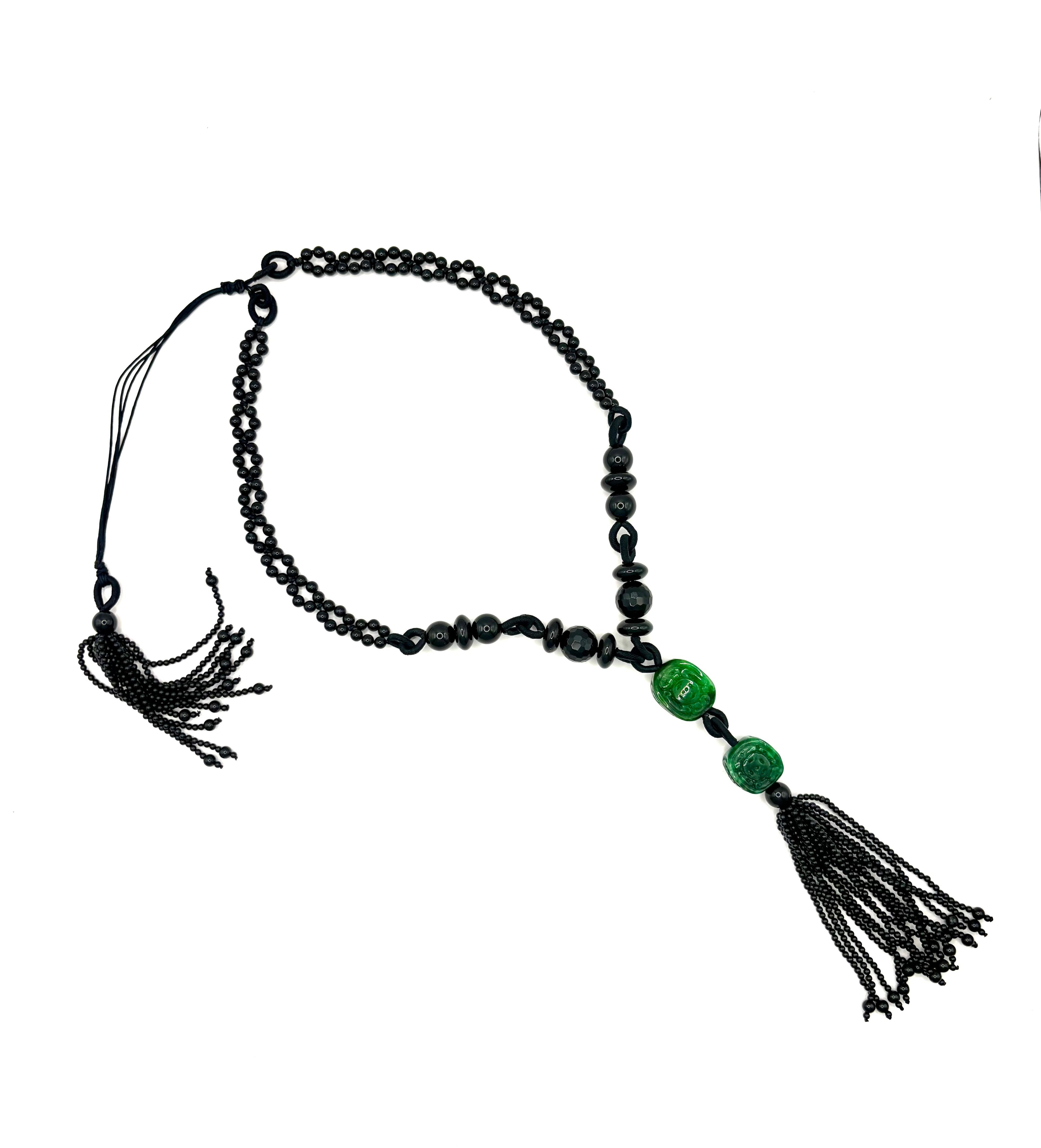 Vintage Long Carved Jadeite and Black Onyx Double-Strand Tassel Sautoir Necklace