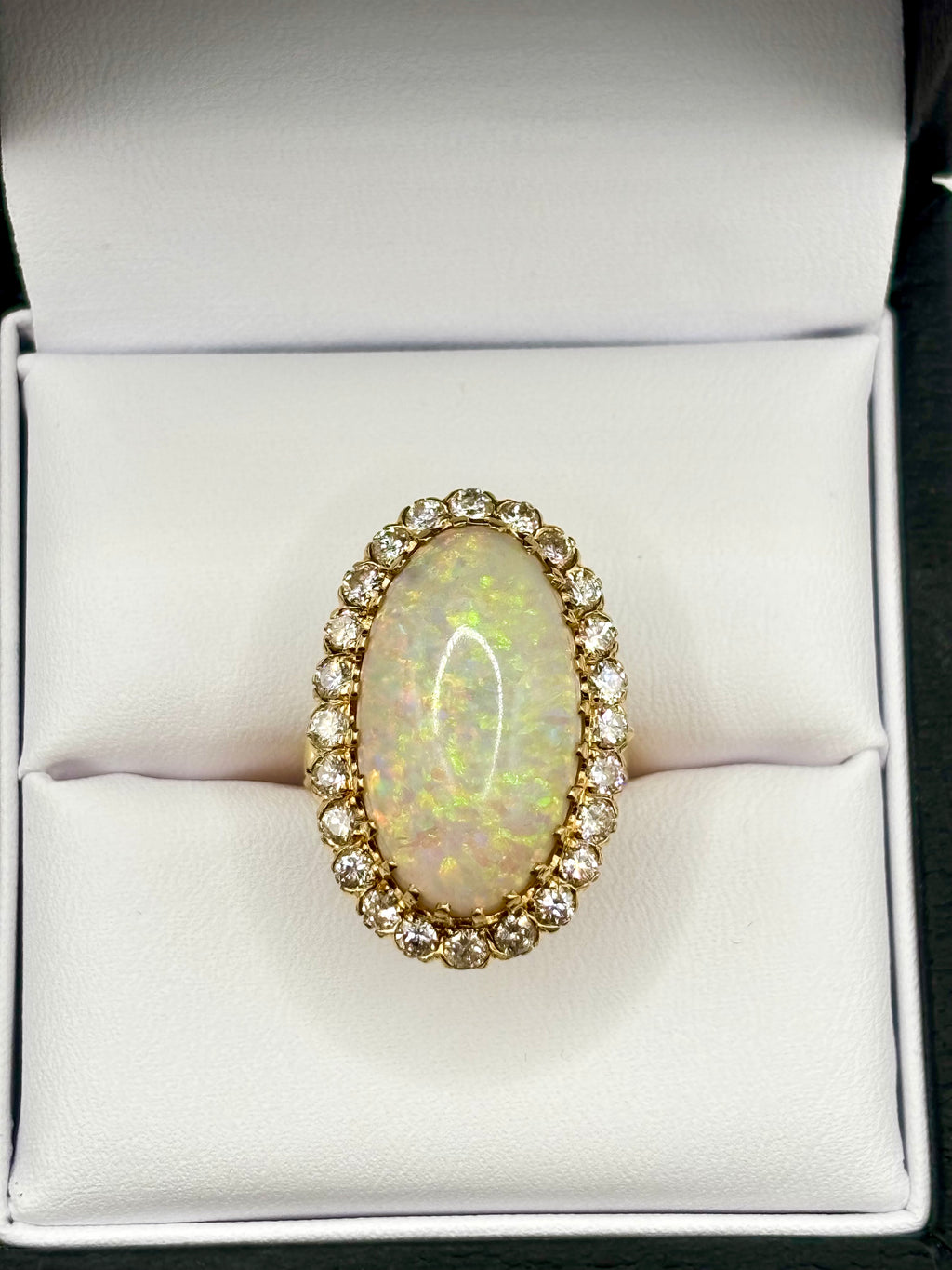 Vintage Large 8.50 carats Australian White Opal Diamond Cluster Ring in 18K Gold