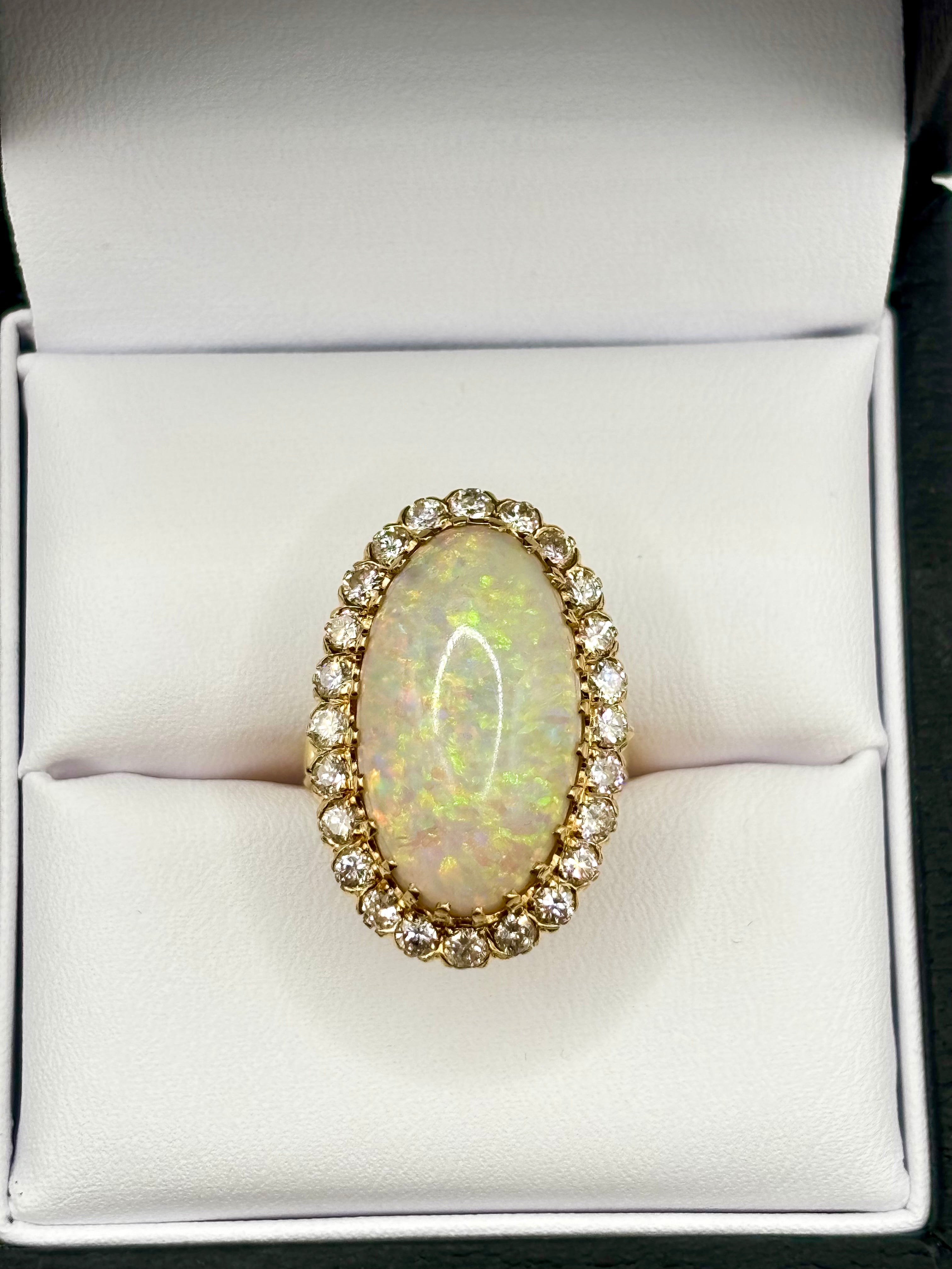 Vintage Large 8.50 carats Australian White Opal Diamond Cluster Ring in 18K Gold