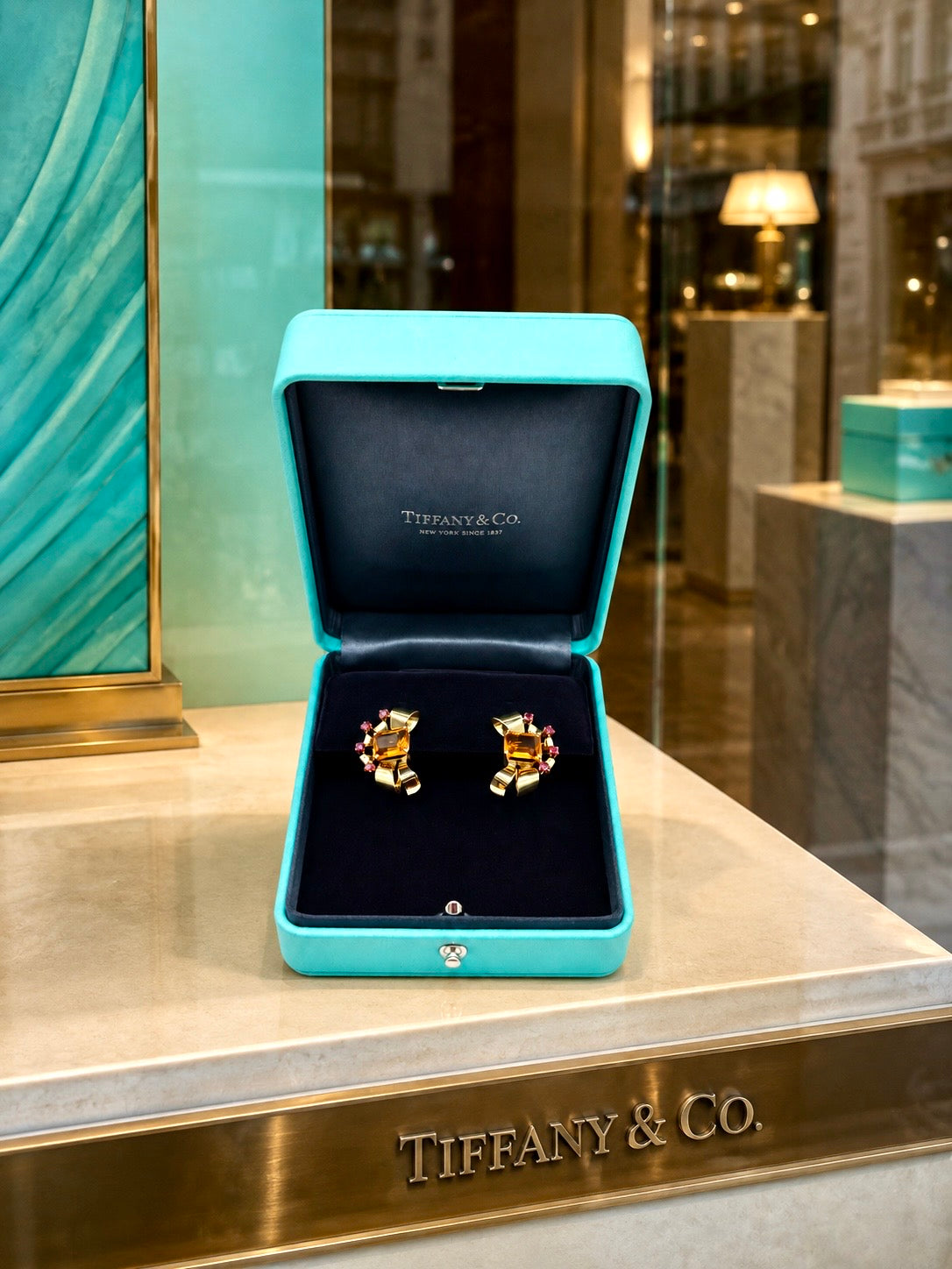 Tiffany & Co Retro 14 Karat Gold Citrine and Ruby Earrings, Circa 1940