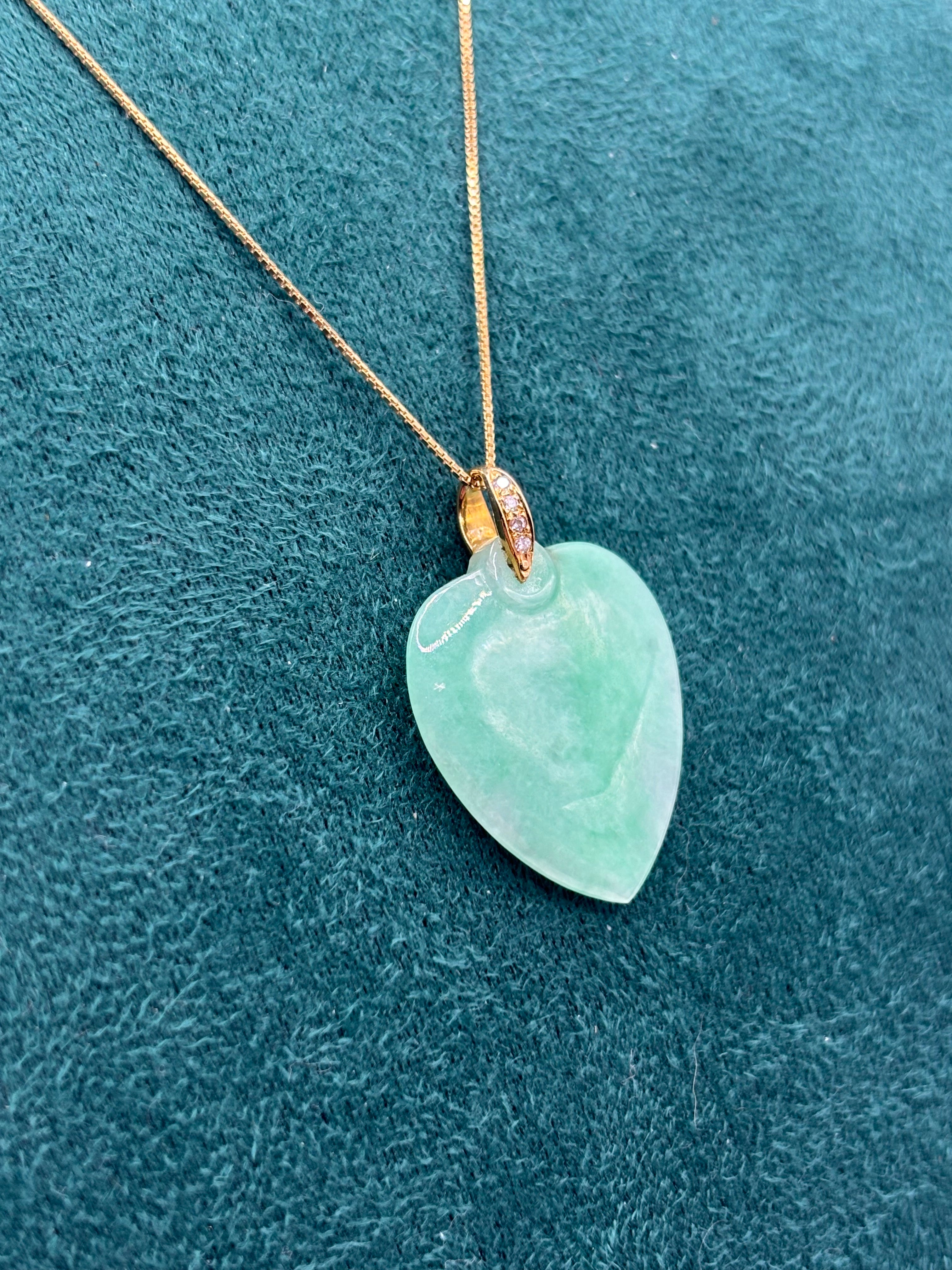 Natural Untreated Jadeite Jade Heart Pendant Diamonds 14K Gold GCS Certified