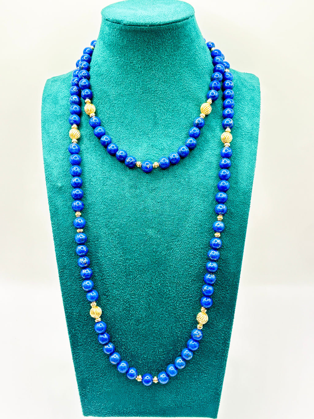 1980s Long Vintage Lapis Lazuli Bead Necklace 9 Carat Gold Fluted Spacers 100cm