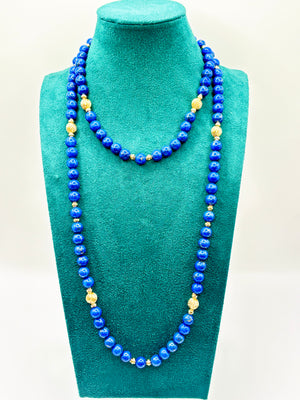 1980s Long Vintage Lapis Lazuli Bead Necklace 9 Carat Gold Fluted Spacers 100cm