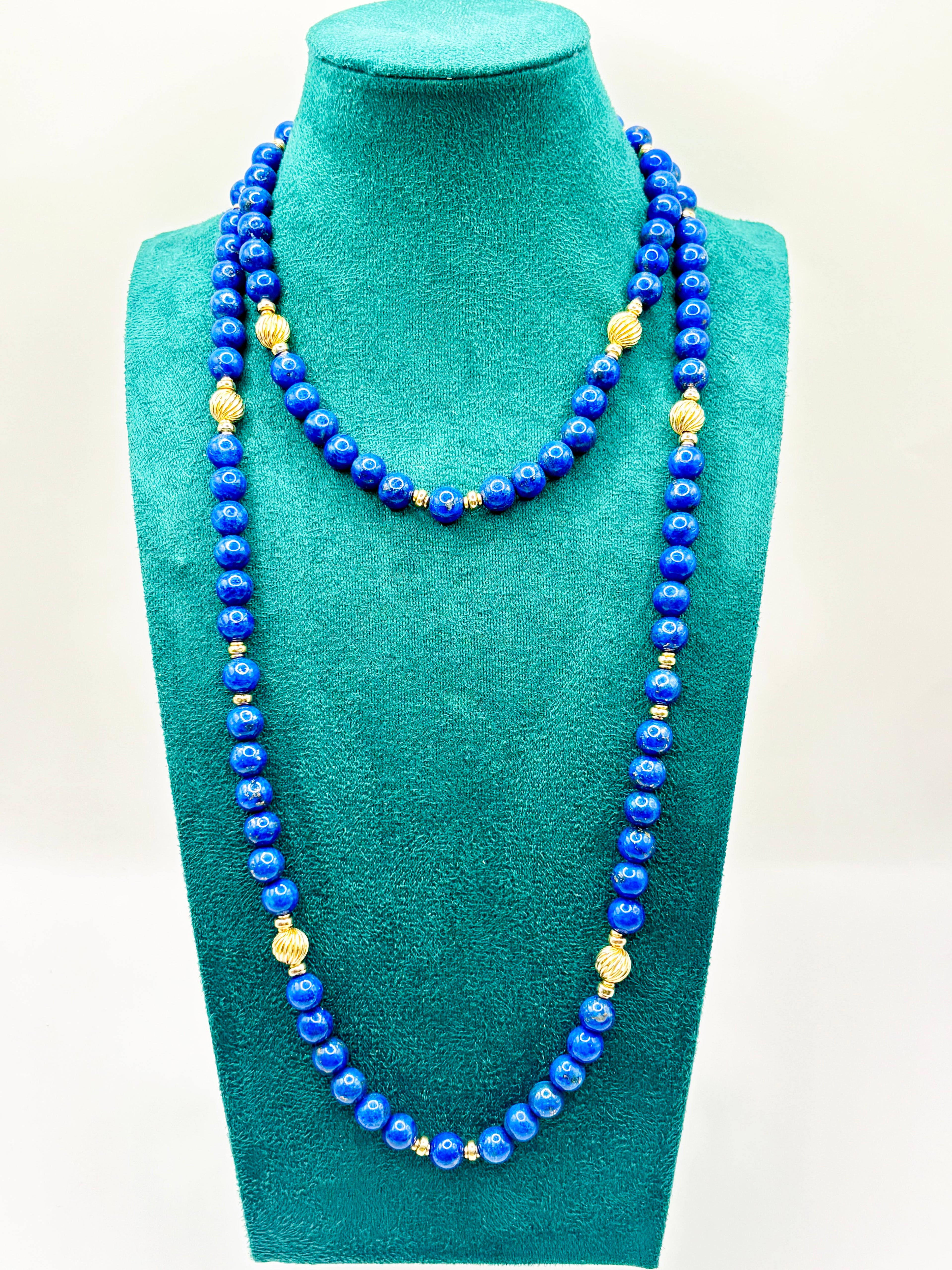 1980s Long Vintage Lapis Lazuli Bead Necklace 9 Carat Gold Fluted Spacers 100cm